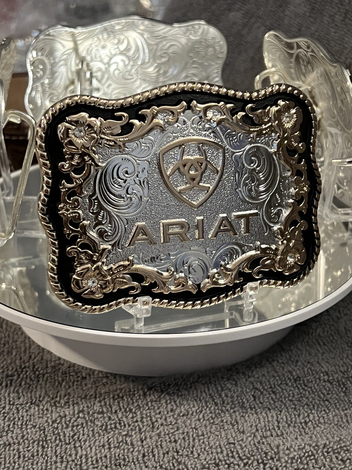 Western Floral Square Belt Buckle Silver/Gold Tone Clear Rhinestones Ariat Western Floral Square Belt Buckle Silver/Gold Tone Clear Rhinestones Ariat