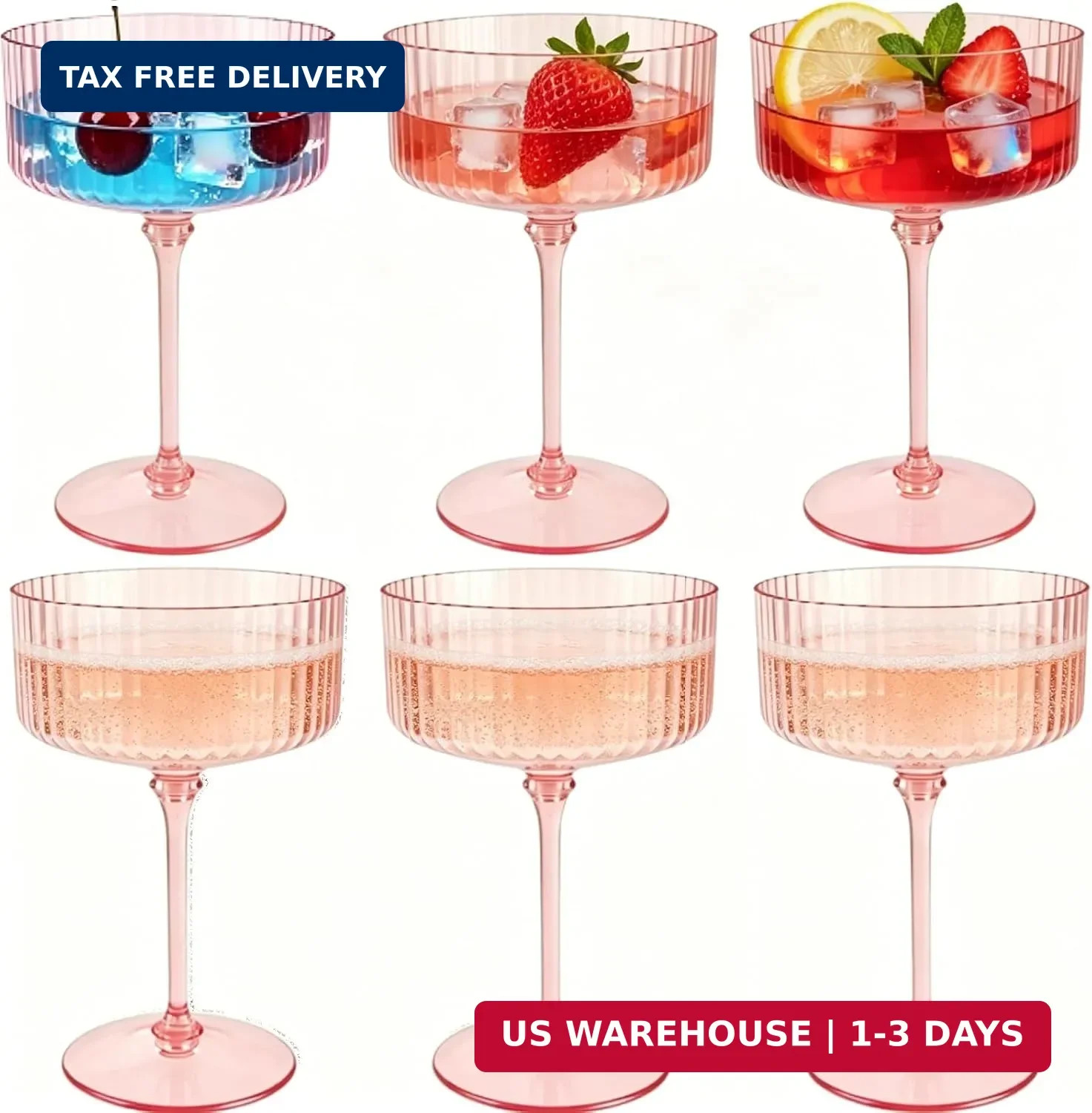 PLULON 6 Pcs Pink Champagne Martini Glasses Set 10 Oz Plastic Ribbed Coupe Cup, PLULON 6 Pcs Pink Champagne Martini Glasses Set 10 Oz Plastic Ribbed Coupe Cup,
