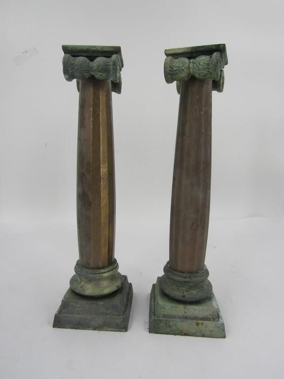 Vintage Pair Of Tall Solid Brass/Iron Moderniste Style Column Candle Holders Vintage Pair Of Tall Solid Brass/Iron Moderniste Style Column Candle Holders