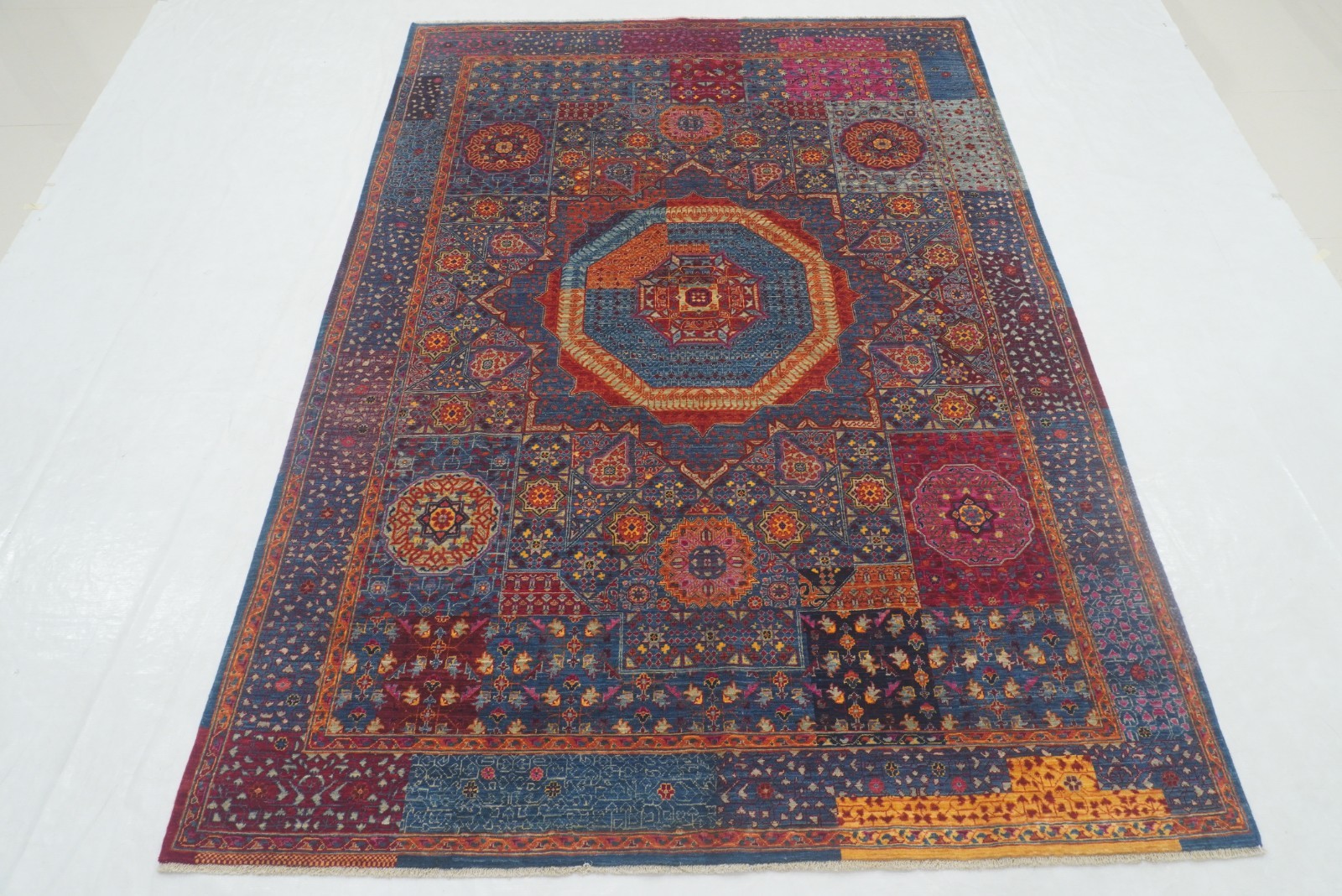 6x8 ft Navy Blue Mamluk Afghan Hand Knotted Wool Medallion Area Rug