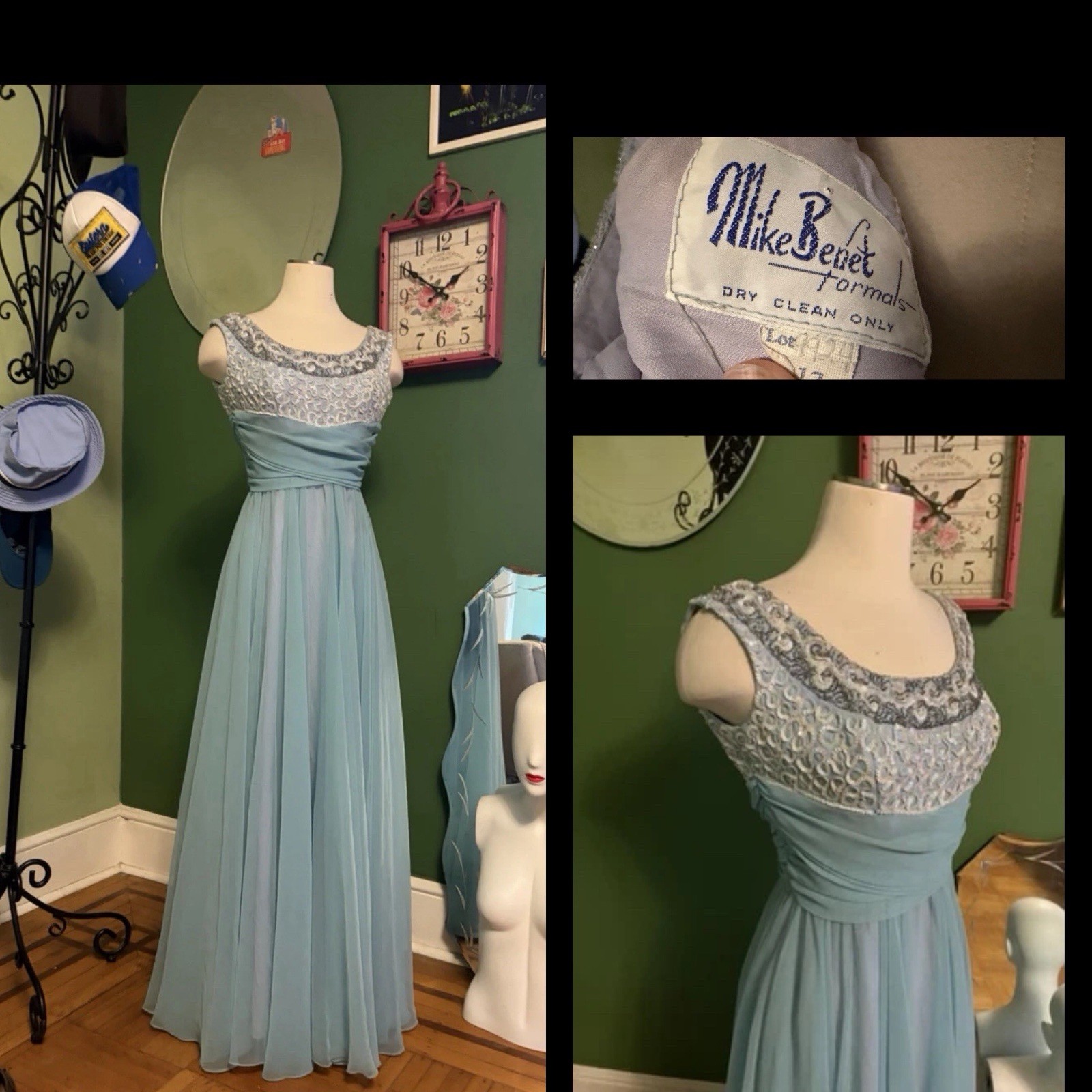 Vtg Mike Benet Formals Chiffon grecian Dress Gown Sequins 36 26 S 1960s 1970s