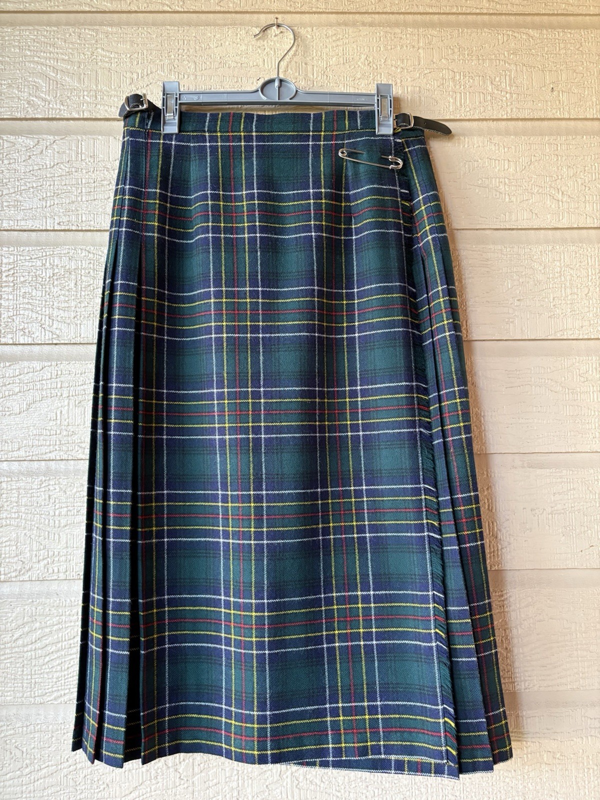 Vintage Blarney Woolen Mills womens Green Tartan Plaid Wool Midi Skirt size 14