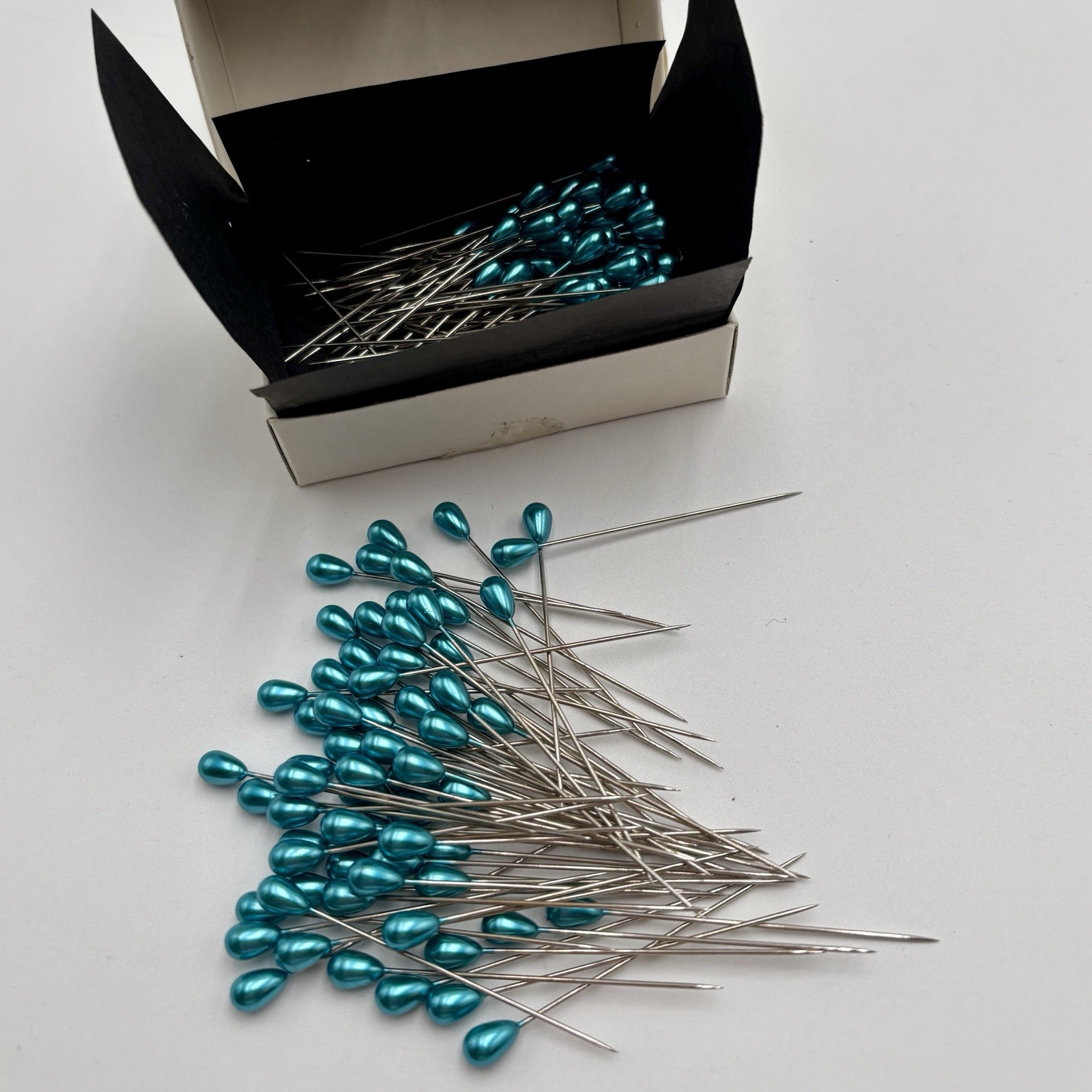 Vtg Crown Prince Blue Pearl Head Pins 2” Teardrop Boutonniere Japan Box - 165ct