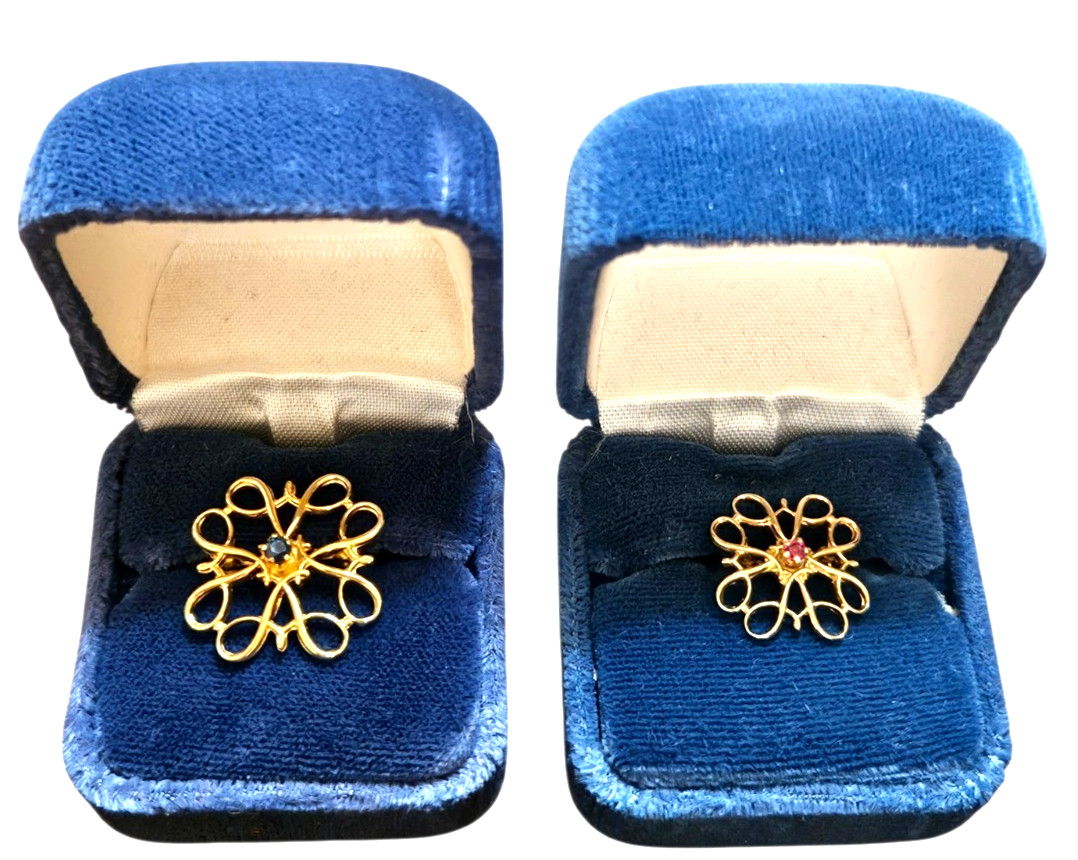 Vtg Avon Robbins Co 10k Yellow Gold Brooch Pins w/Sapphire & Ruby~Lot of 2