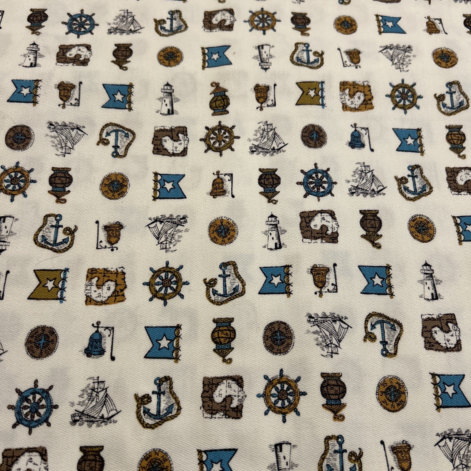 Vintage J Manes Co Nautical Cotton Fabric 2.5 Yds Flag Anchor Lighthouse 35”W