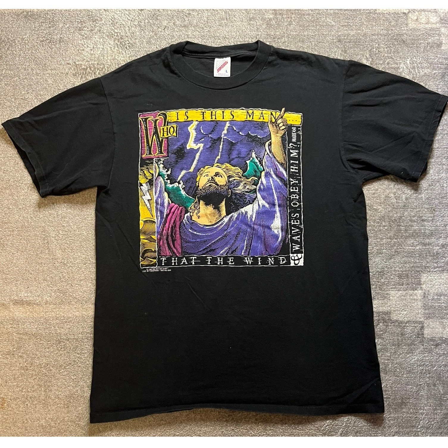 Vintage 1992 Jerzees Jesus Mark 4:41 Graphic T-Shirt Black Mens Large USA Made Vintage 1992 Jerzees Jesus Mark 4:41 Graphic T-Shirt Black Mens Large USA Made