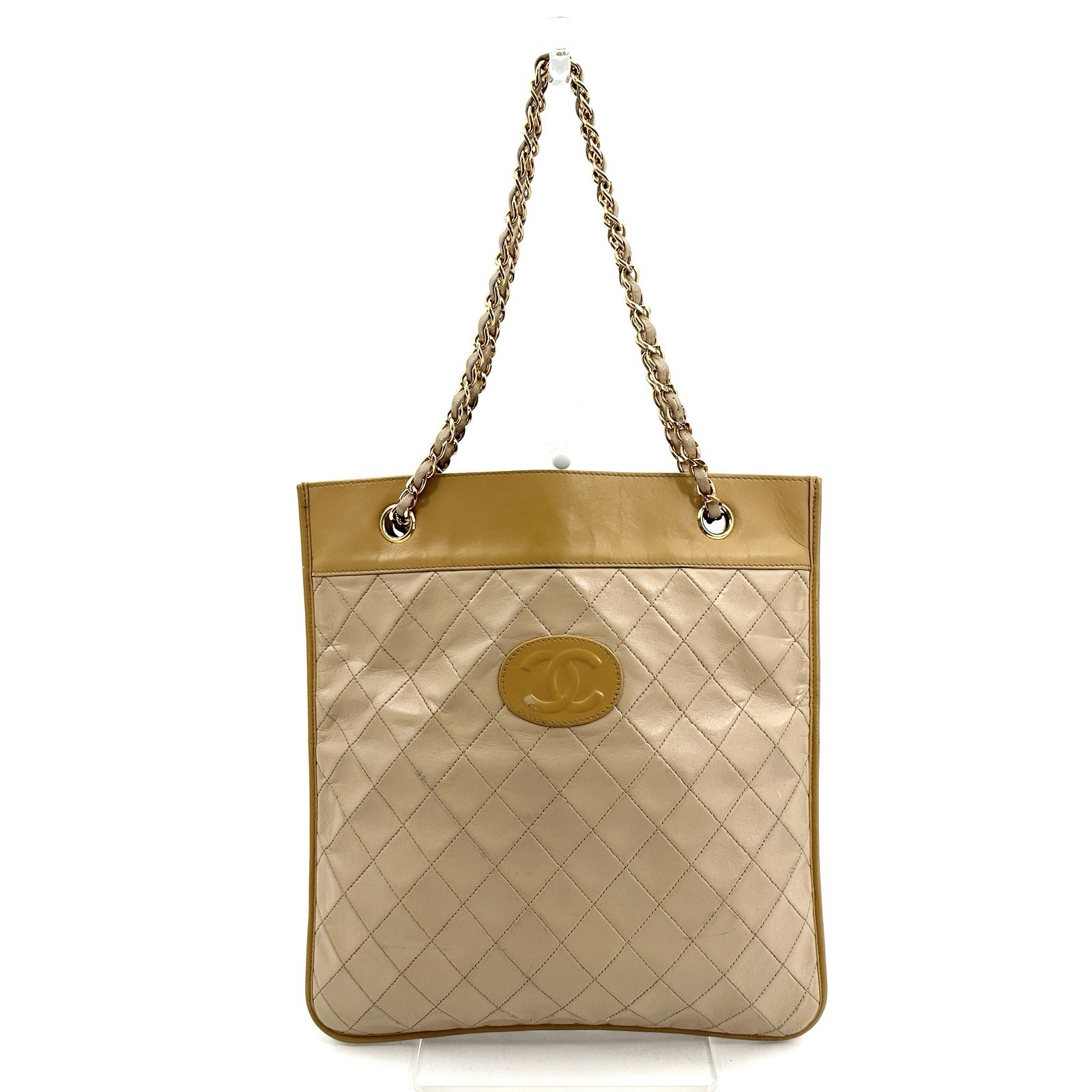DDP Auth CHANEL Beige Quilted Lambskin Chain Tote Bag CC Logo Vtg Matelasse