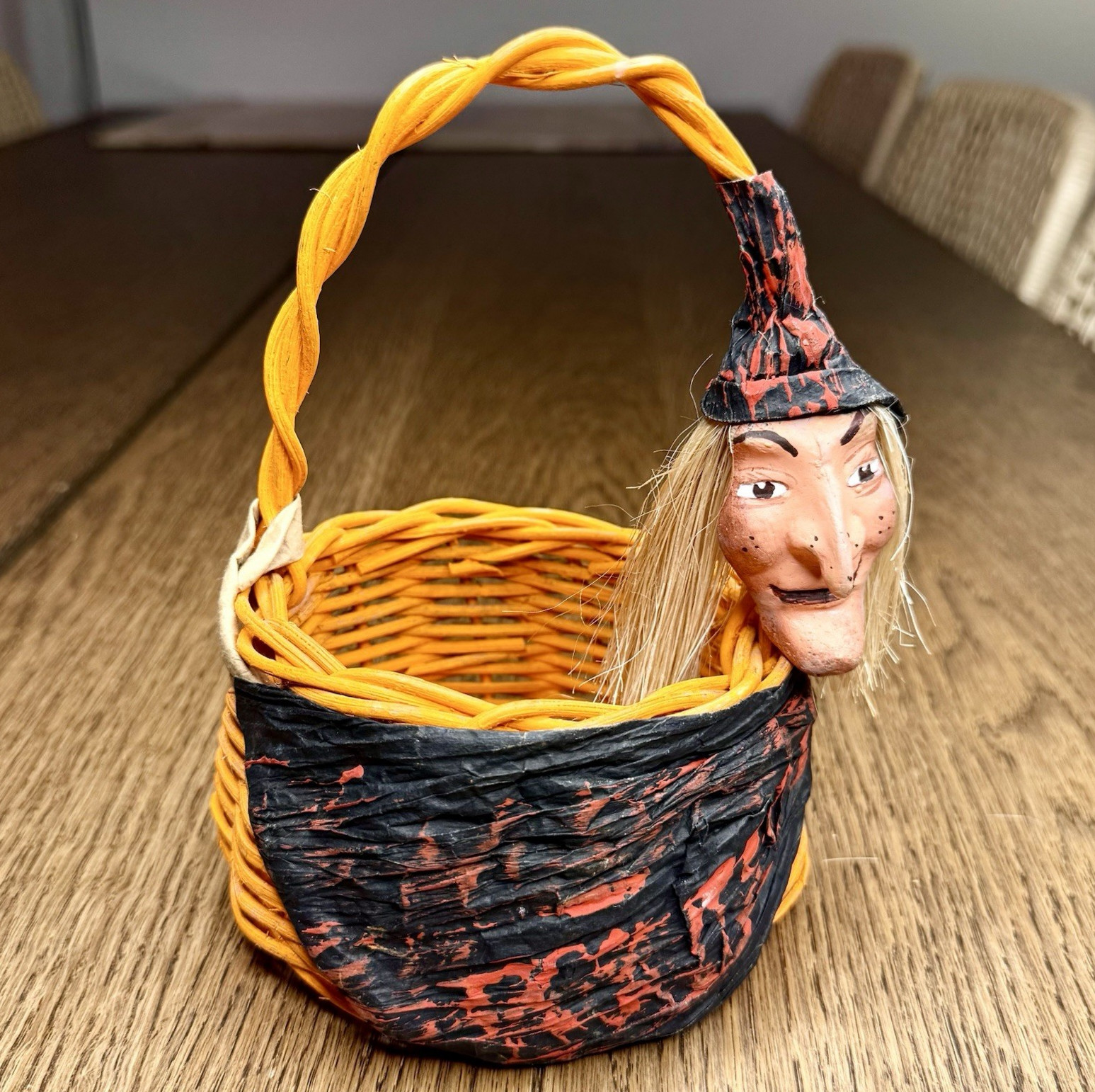 Vintage Halloween Witch Orange Wicker Basket Hand Painted Folk Art Bloody