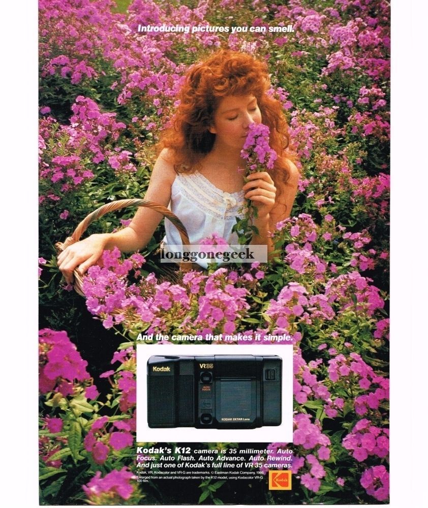1986 Kodak VR35 K12 Camera 35mm Point Shoot Pretty Girl Pink Flowers Vintage Ad