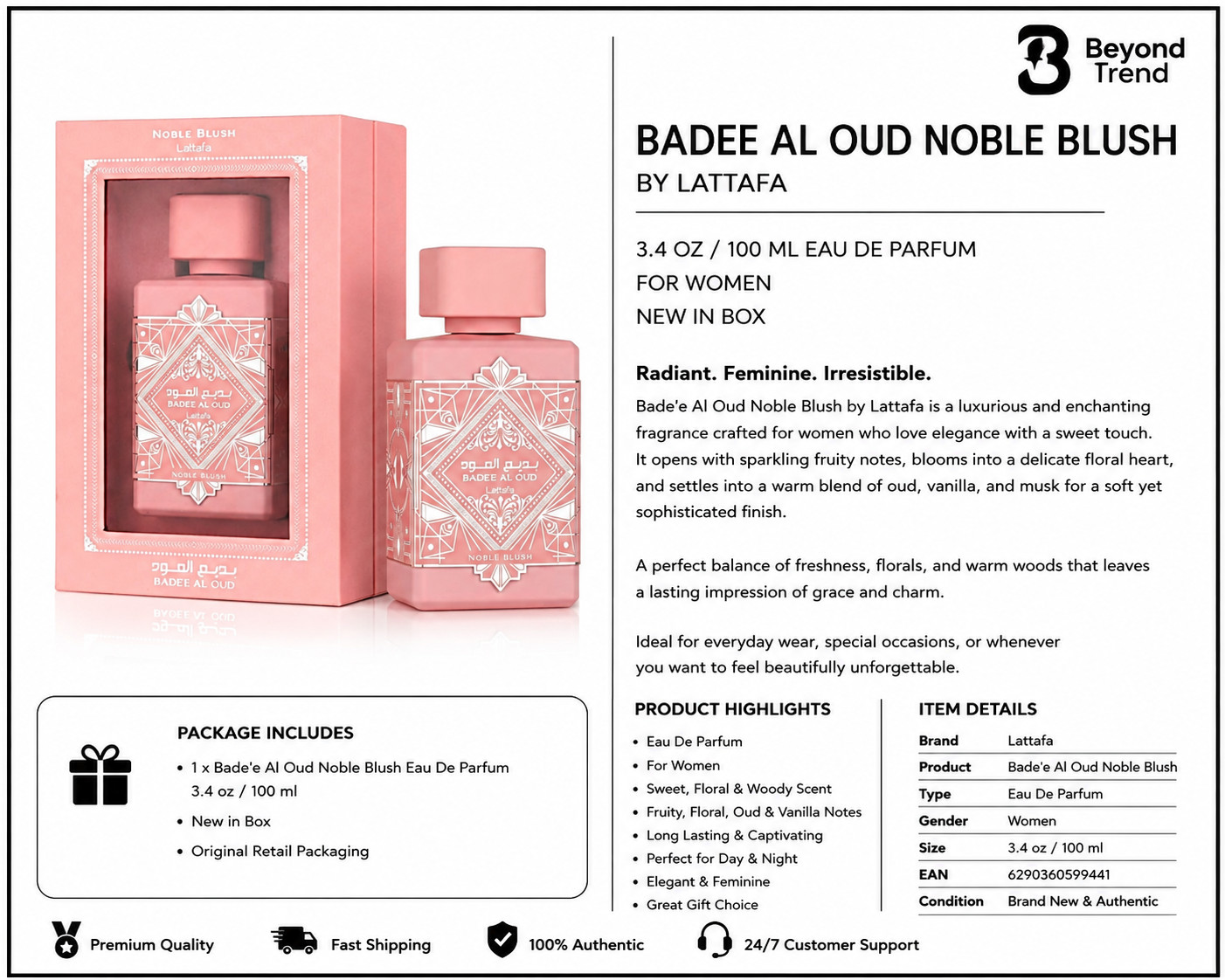 Bade'e Al Oud Nobles Blush by Lattafa 3.4 oz EDP Perfume Women New in Box