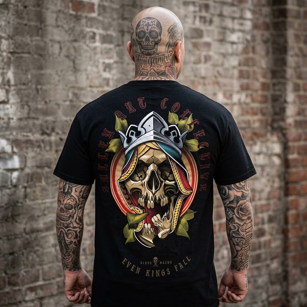 Even Kings Fall Royal Skull Tattoo Sullen Art Black T-Shirt Chicano Men, S-5XL Even Kings Fall Royal Skull Tattoo Sullen Art Black T-Shirt Chicano Men, S-5XL