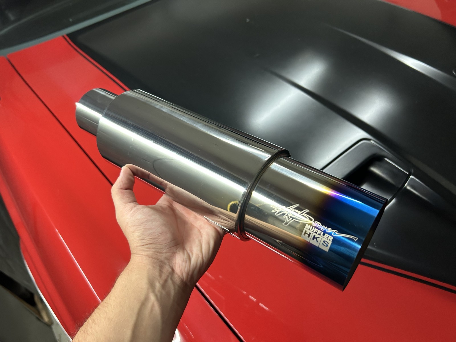 HKS HI-Power Titanium Face Blue Exhaust Muffler Inlet 2.5 HKS HI-Power Titanium Face Blue Exhaust Muffler Inlet 2.5