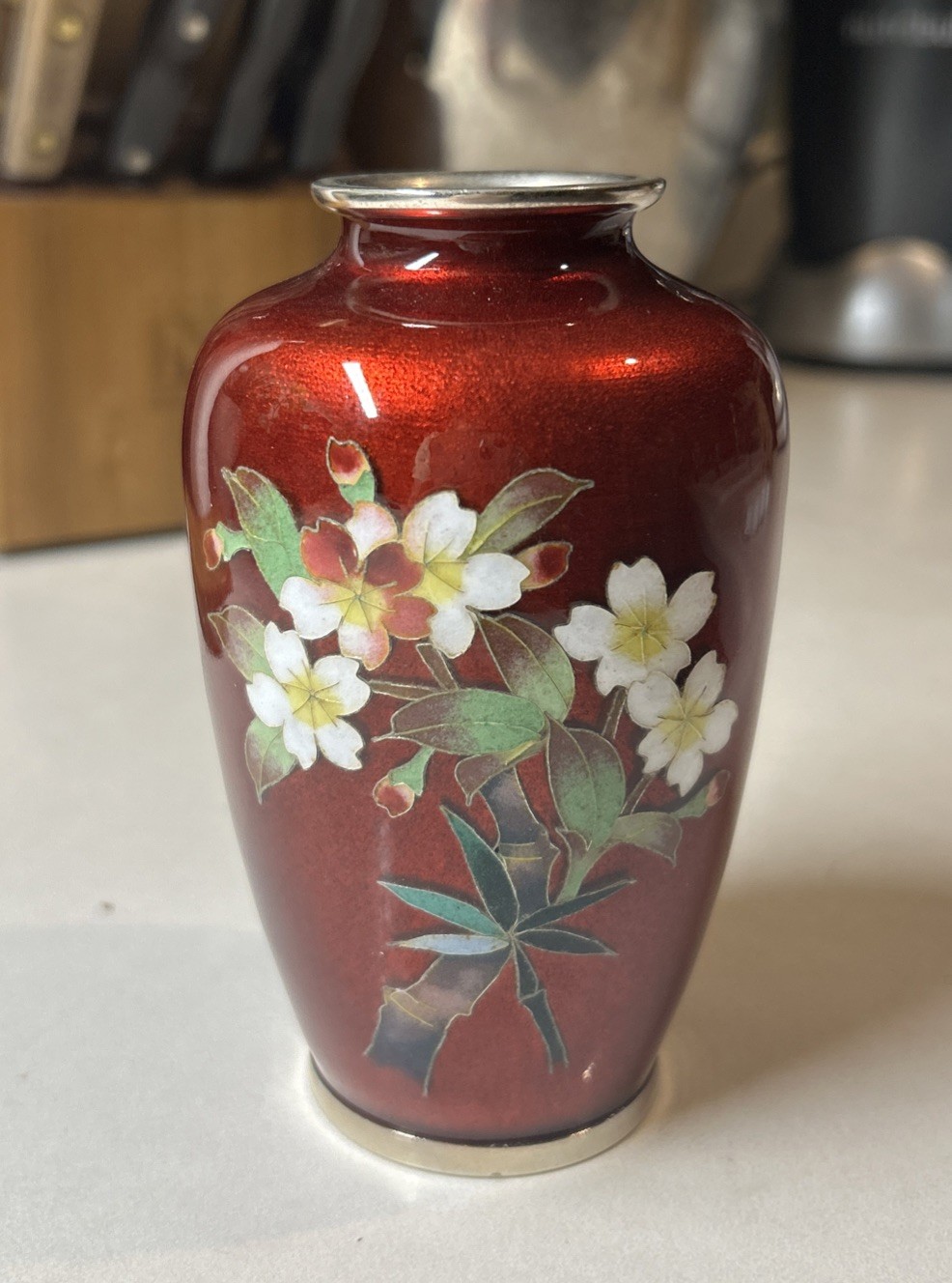 Vtg Japanese Ginbari Pigeon Blood Red Foil Cloisonné Vase 4.75”