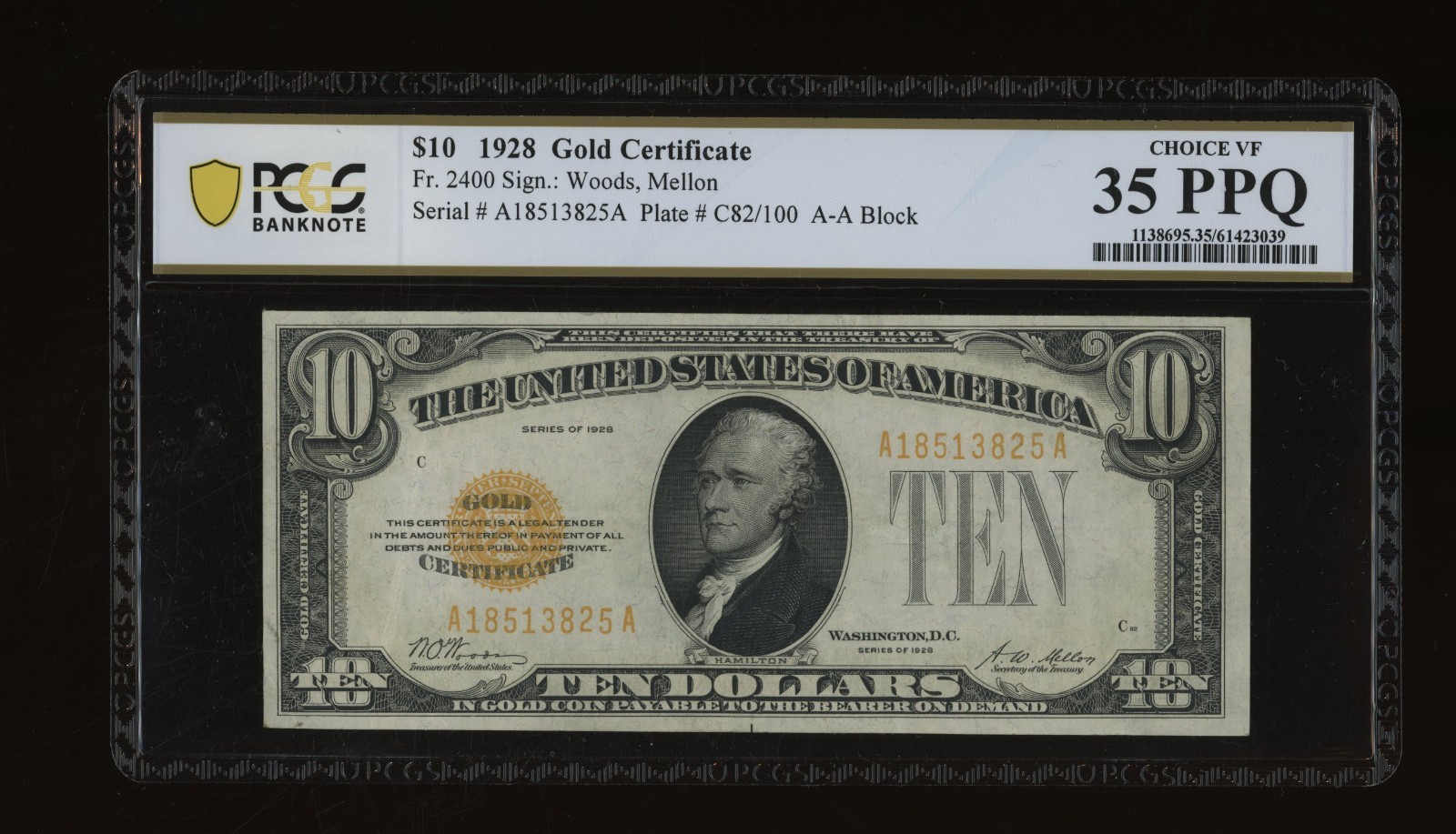 DBR 1928 $10 Gold Certificate Fr. 2400 PCGS-B 35 PPQ Serial A18513825A