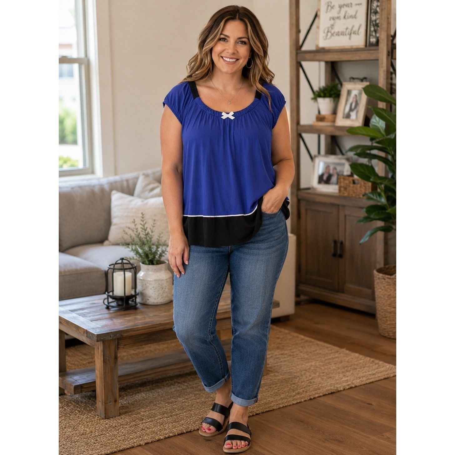 Simply Vera Vera Wang Royal Blue Colorblock Bow Cap Sleeve Top Large Simply Vera Vera Wang Royal Blue Colorblock Bow Cap Sleeve Top Large