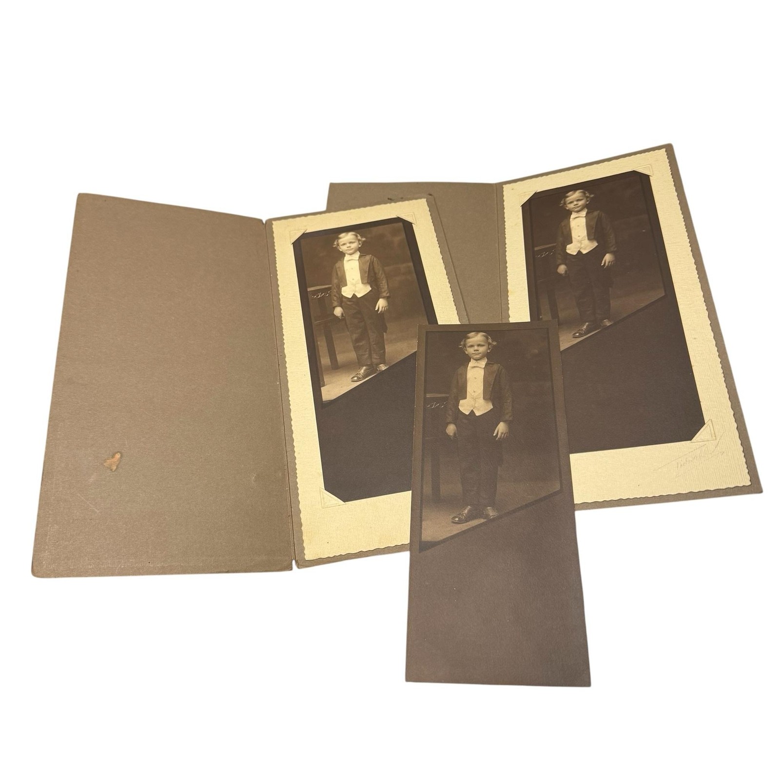 Antique Early 1900s Boy Portrait Photo Lot 3 Sepia 3.75x9.5 Cabinet Folder