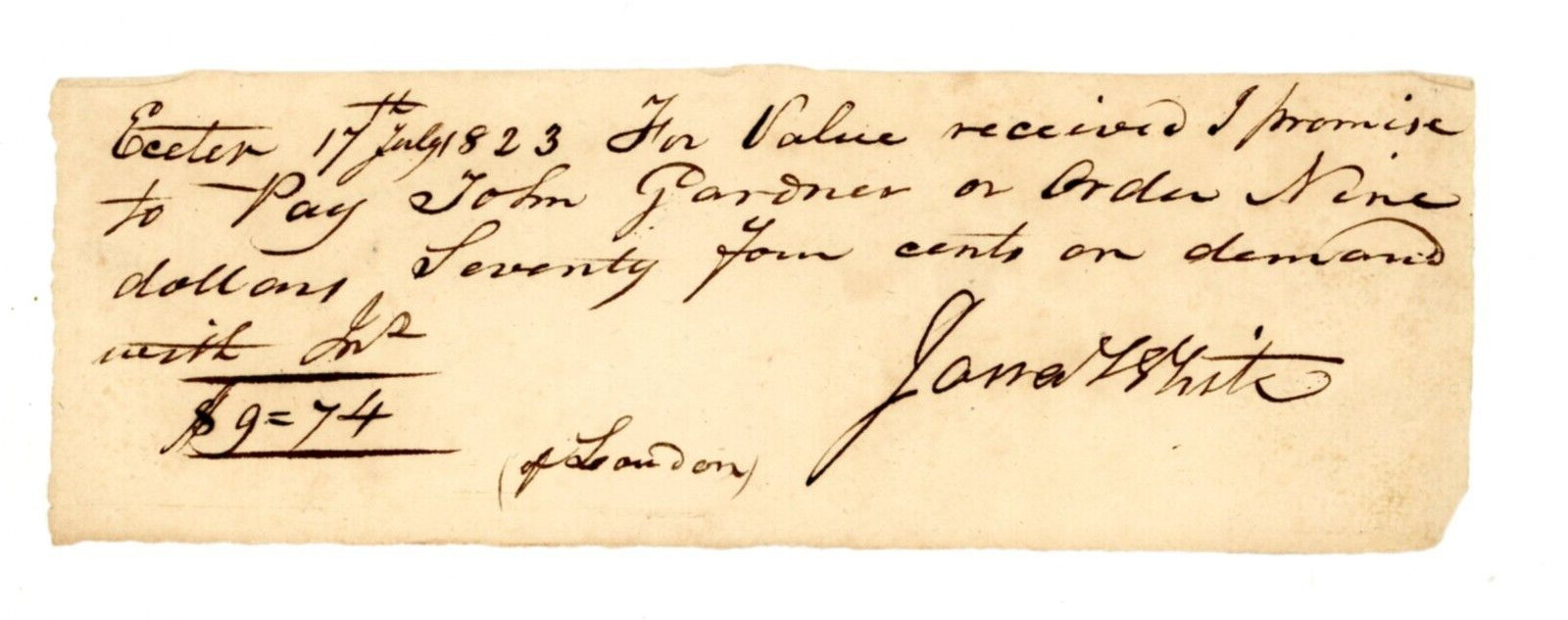 1823 Signed Exeter New Hampshire Handwritten Receipt James G Smith John Gardner 1823 Signed Exeter New Hampshire Handwritten Receipt James G Smith John Gardner