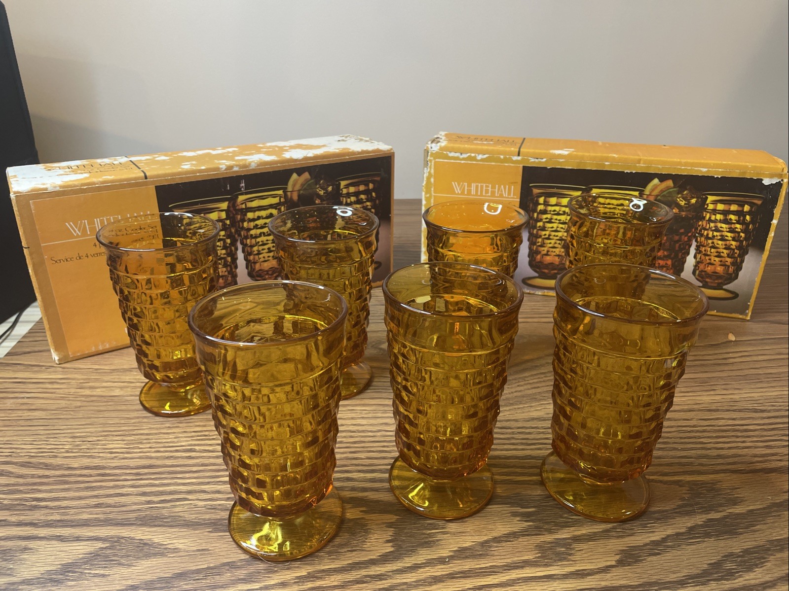 7 Vintage Golden Amber Footed WhiteHall Original 14oz Glasses By Indiana Glass.
