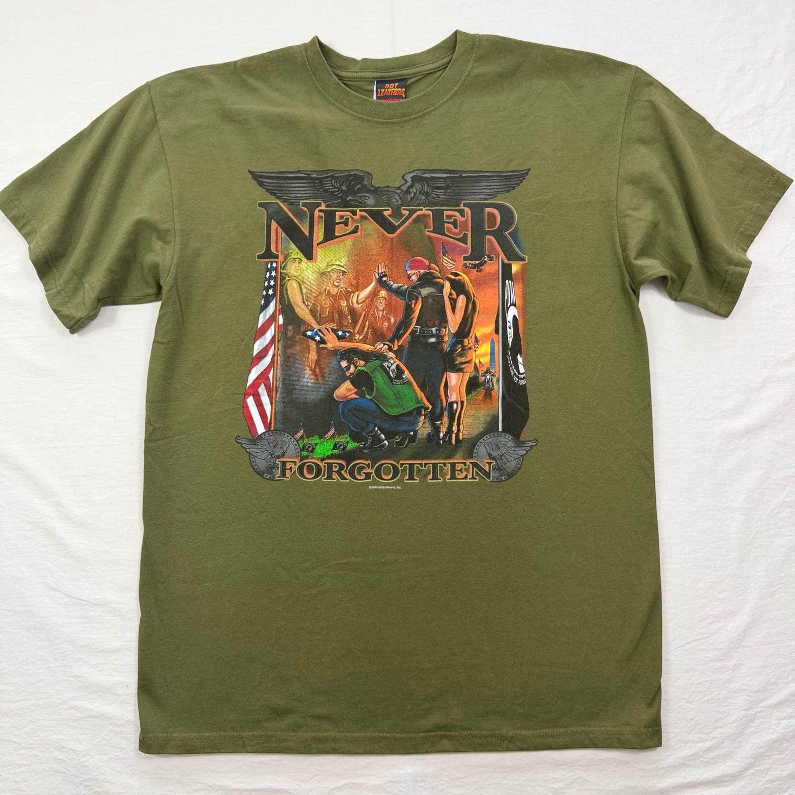 Hot Leathers Shirt Mens Large Olive Green Never Forgotten POW MIA Biker Graphic