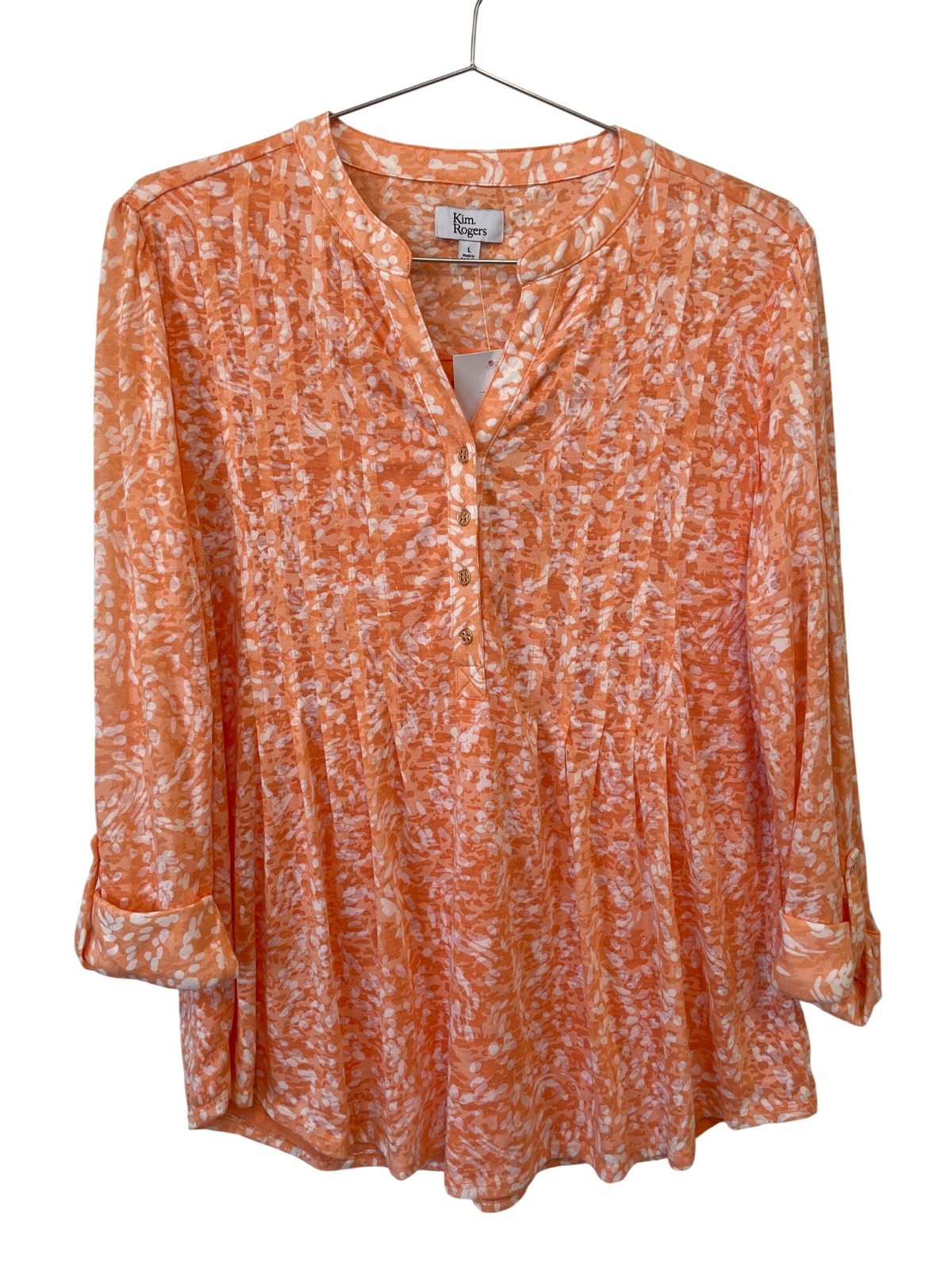 Kim Rogers Shirt Large Split V-Neck Roll Tab Sleeve Pintuck Peach White Boho NEW Kim Rogers Shirt Large Split V-Neck Roll Tab Sleeve Pintuck Peach White Boho NEW
