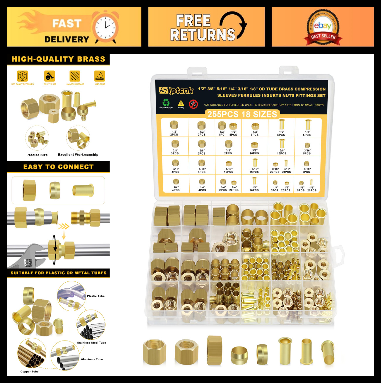 255PCS Brass Compression Sleeves & Ferrules - 6 Sizes for Air, Water, Fuel, Oil 255PCS Brass Compression Sleeves & Ferrules - 6 Sizes for Air, Water, Fuel, Oil