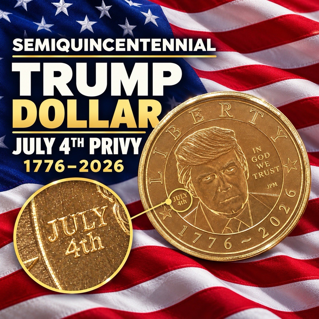 Rare July 4th PRIVY Coin 2026 Semiquincentennial Donald J. Trump $1 Dollar