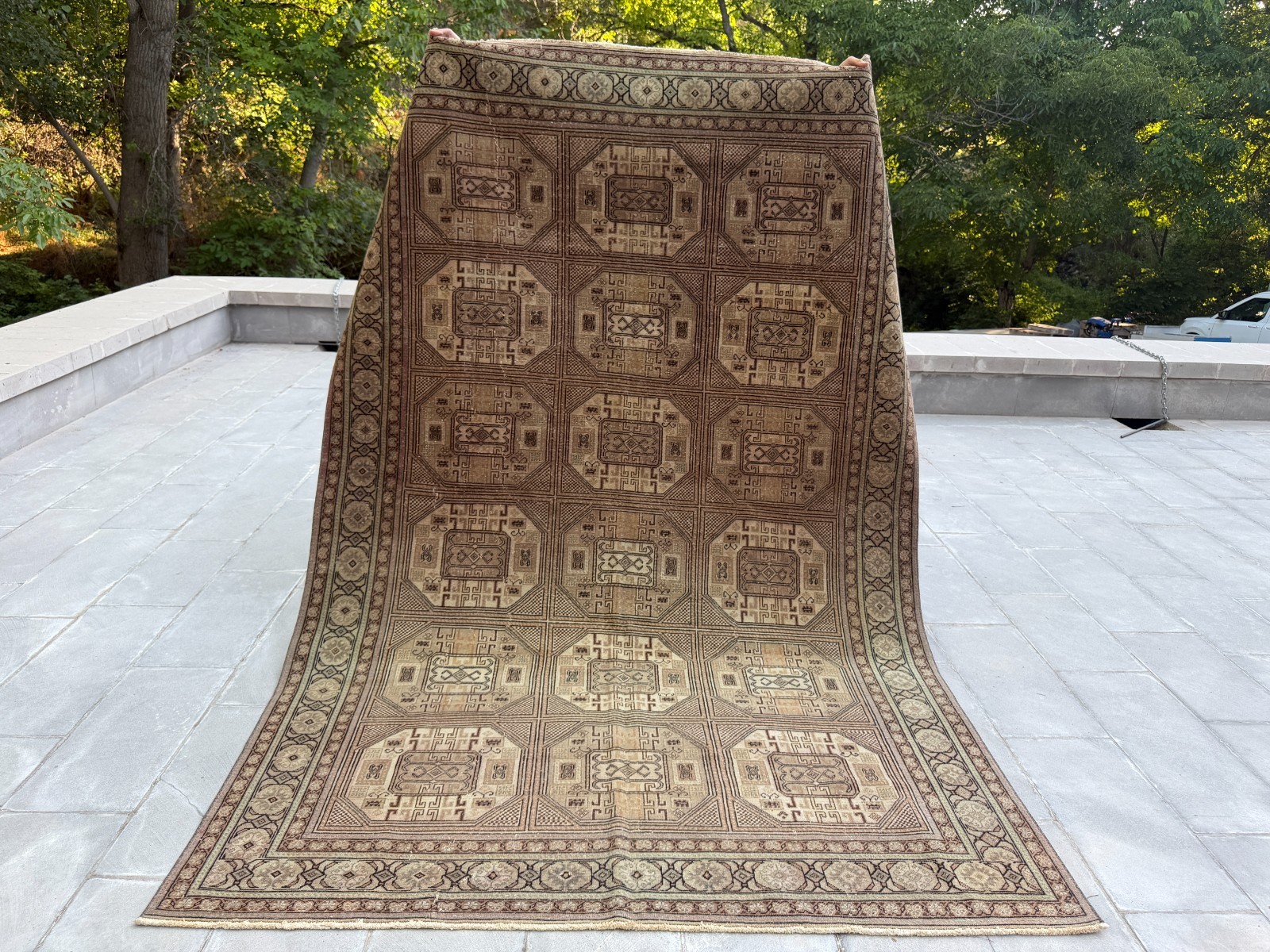 Kayseri Turkish Rug 6.4x9.6 ft Brown Beige Geometric Vintage Wool Area Carpet