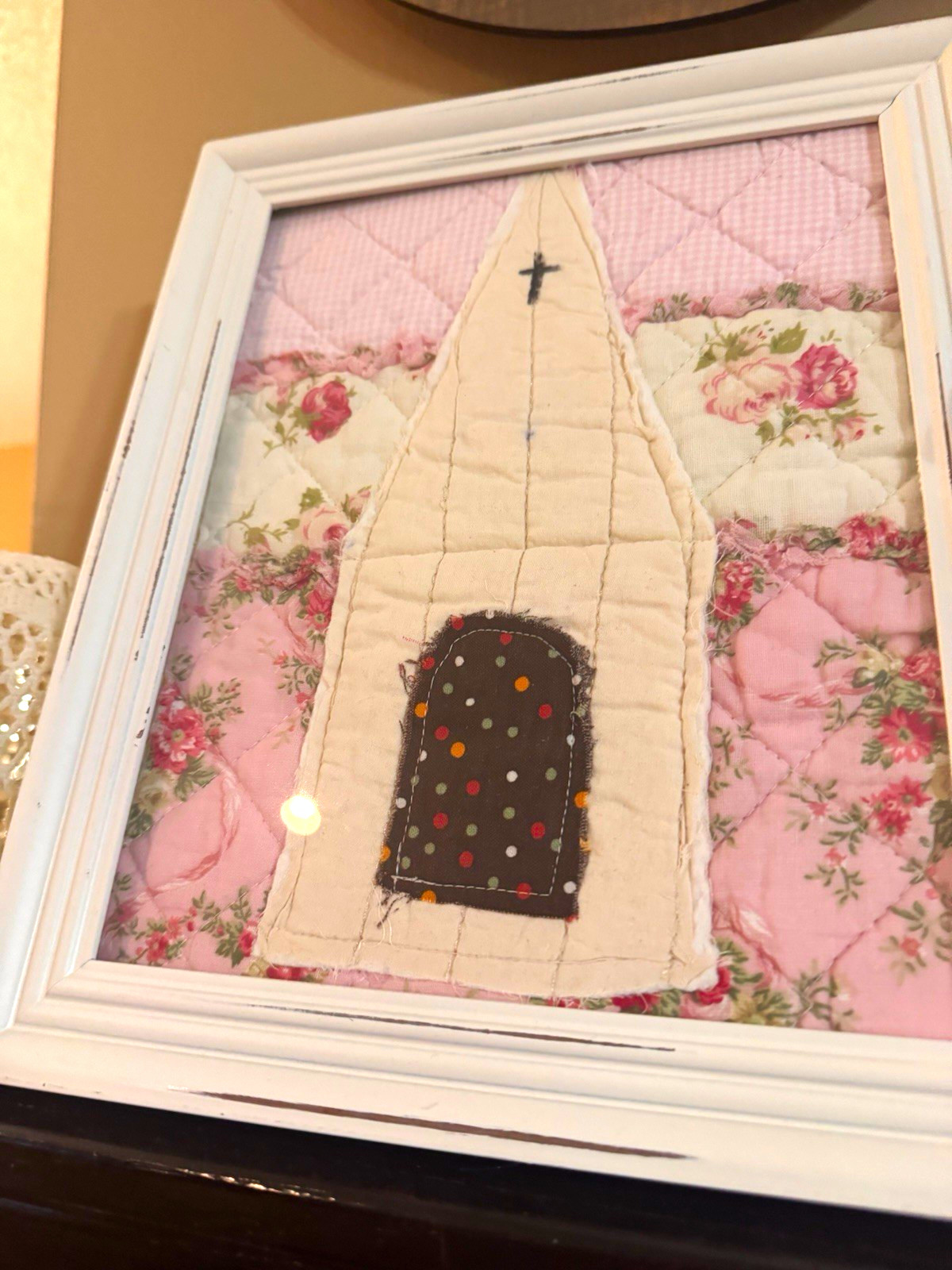 Framed Handmade Quilted Textile Wall Art Church w/ Cross, Polka Dot Door Framed Handmade Quilted Textile Wall Art Church w/ Cross, Polka Dot Door