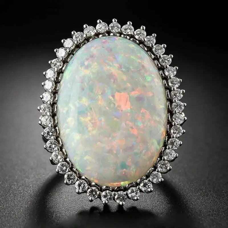 Elegant 925 Sterling Silver Rainbow Opal Charms Engagement Wedding Ring Size 7