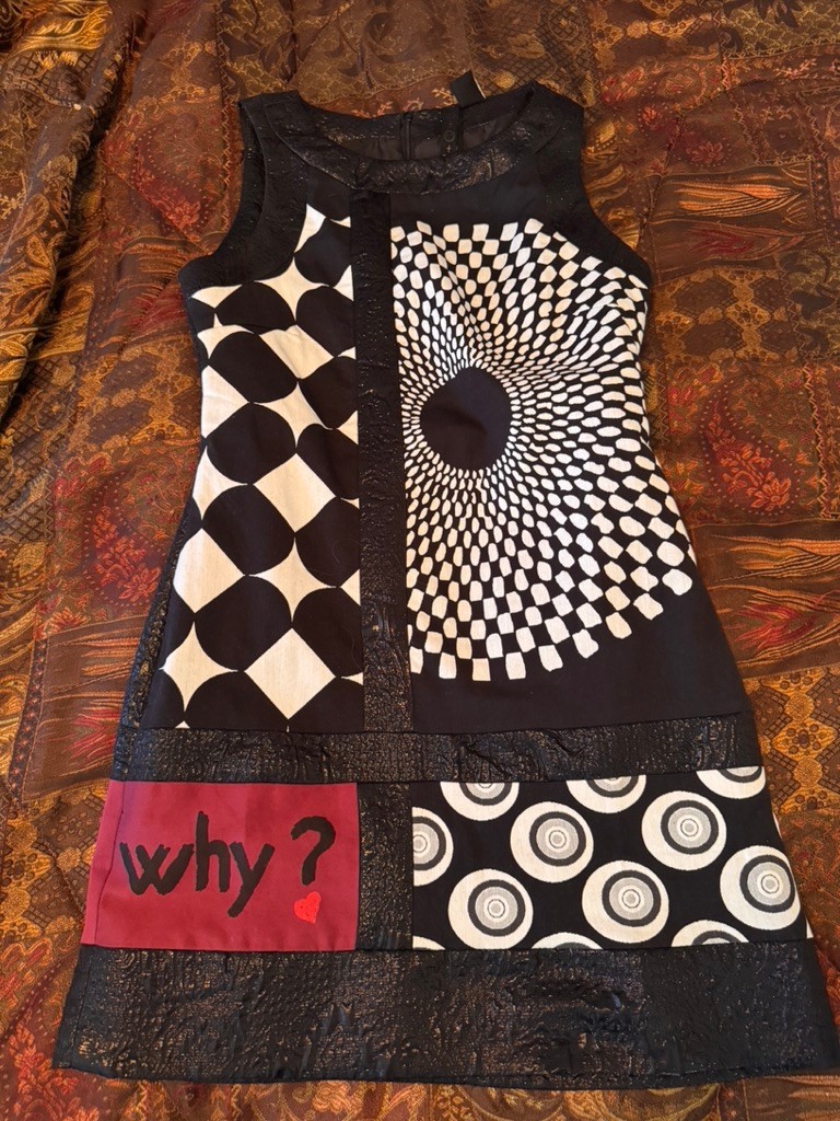 Signed~DESIGUAL~Christian Lacroix Black/White/Wine WHY? Dress 38/M Metallic Trim