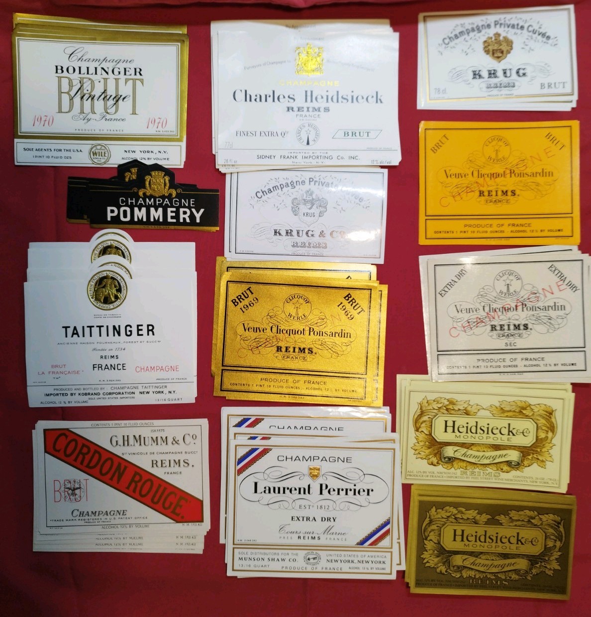 Vtg Champagne Labels NOS Lot 13 Krug Bollinger Taittinger Veuve Clicquot Pommery