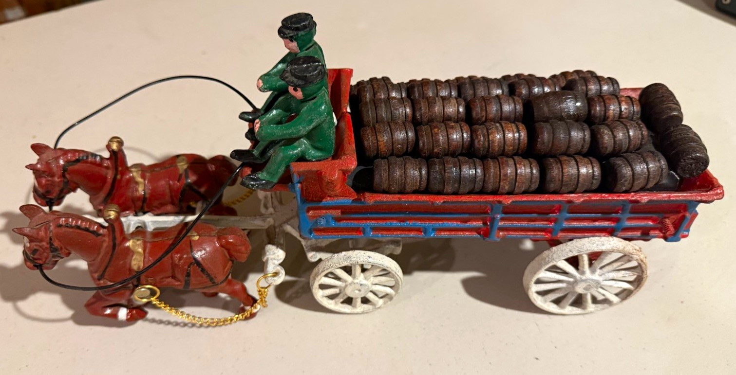 Vintage Cast Iron Horse-Drawn Barrel Wagon with Drivers, Dog & Wooden Barrels