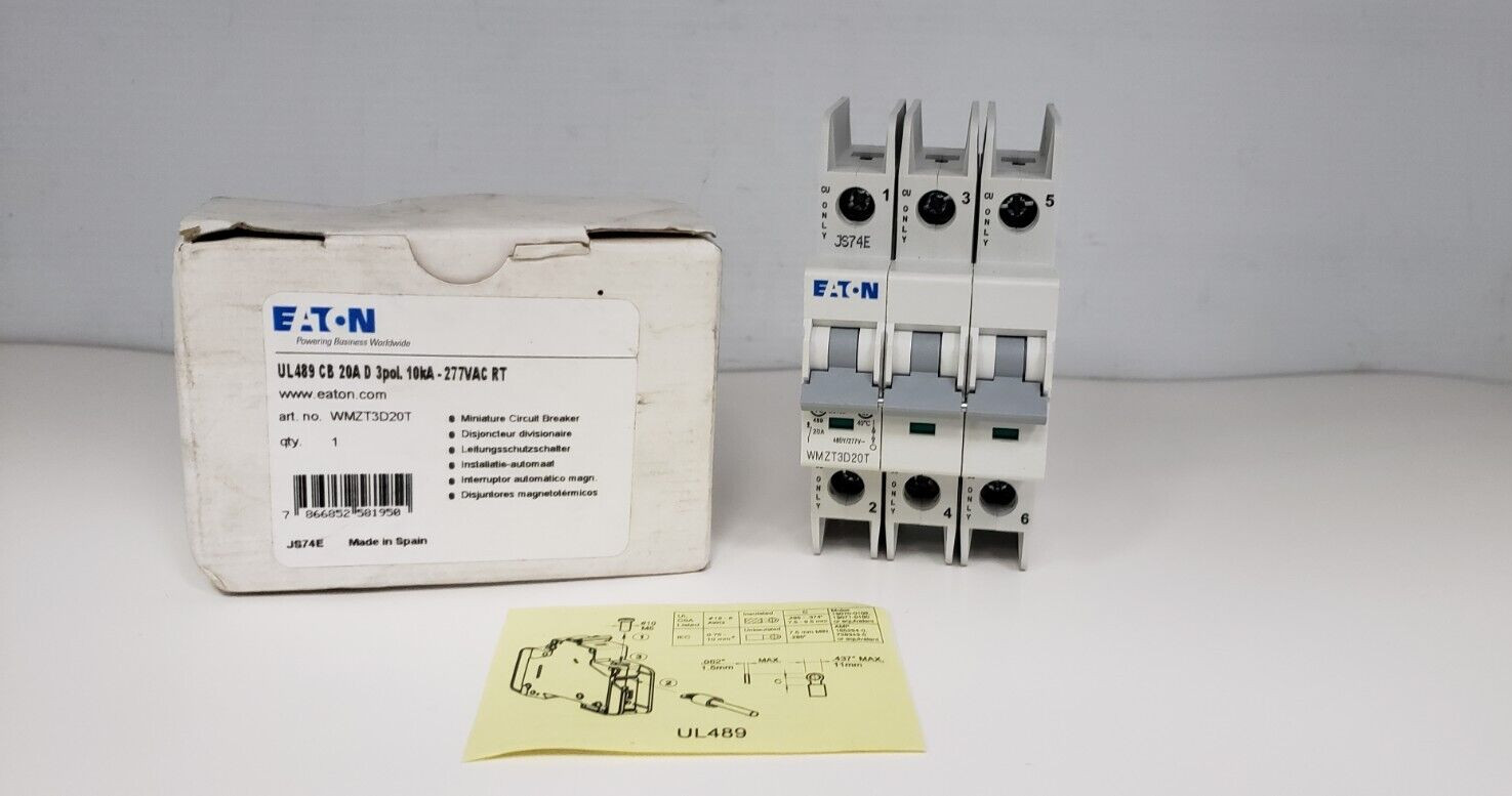 EATON WMZT3D20T CIRCUIT BREAKER, 3 POLE, 20A, 10kA, 480Y/277V, TYPE D, NIB EATON WMZT3D20T CIRCUIT BREAKER, 3 POLE, 20A, 10kA, 480Y/277V, TYPE D, NIB