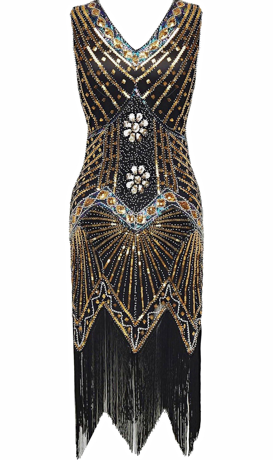 BABEYOND Women\'s 1920s V-Neck Beaded Fringed Gatsby Flapper Dress - Medium