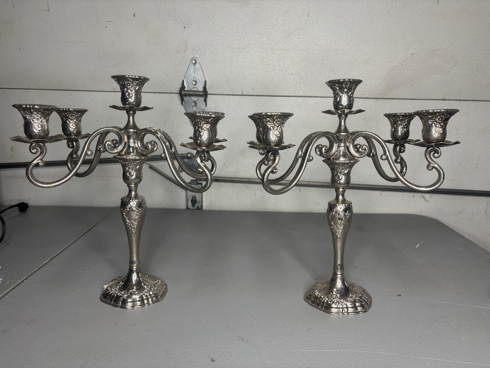 Pair Ornate Antique Silverplate 5-Light Candelabra Candlesticks Pair Ornate Antique Silverplate 5-Light Candelabra Candlesticks