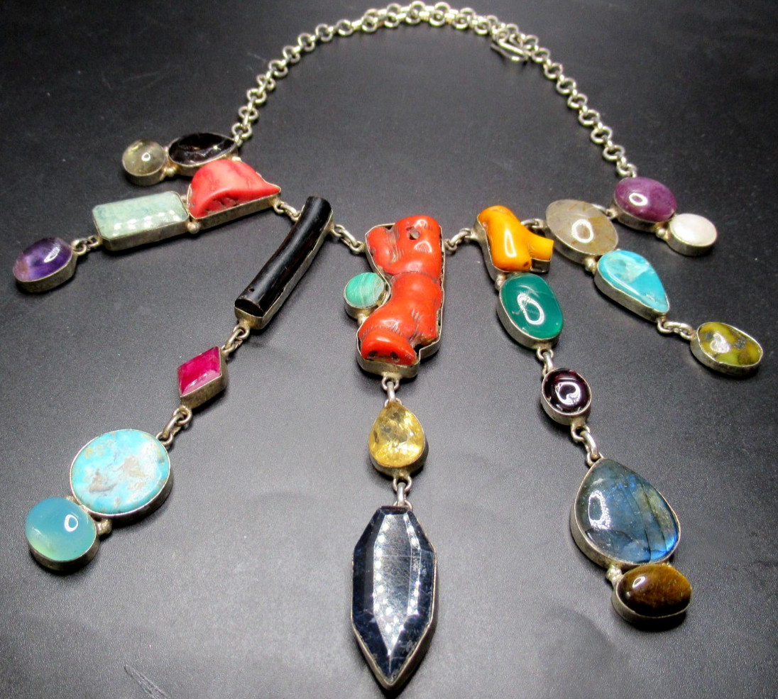 Gorgeous Artisan Genuine Assorted Gemstones Bib Necklace