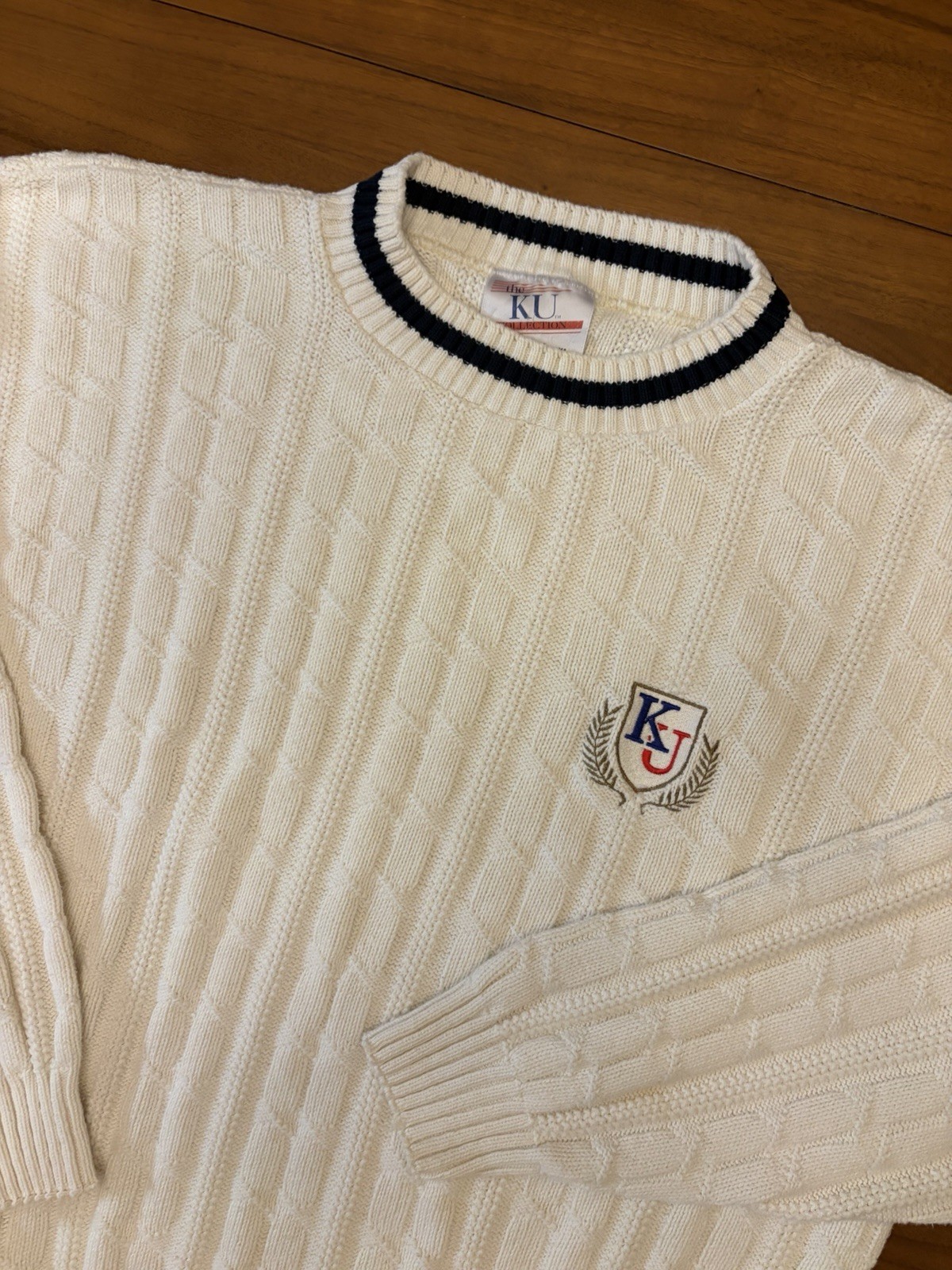 Vintage Kansas Jayhawks Cable Knit Sweater Mens XL KU Collection Preppy USA 90s