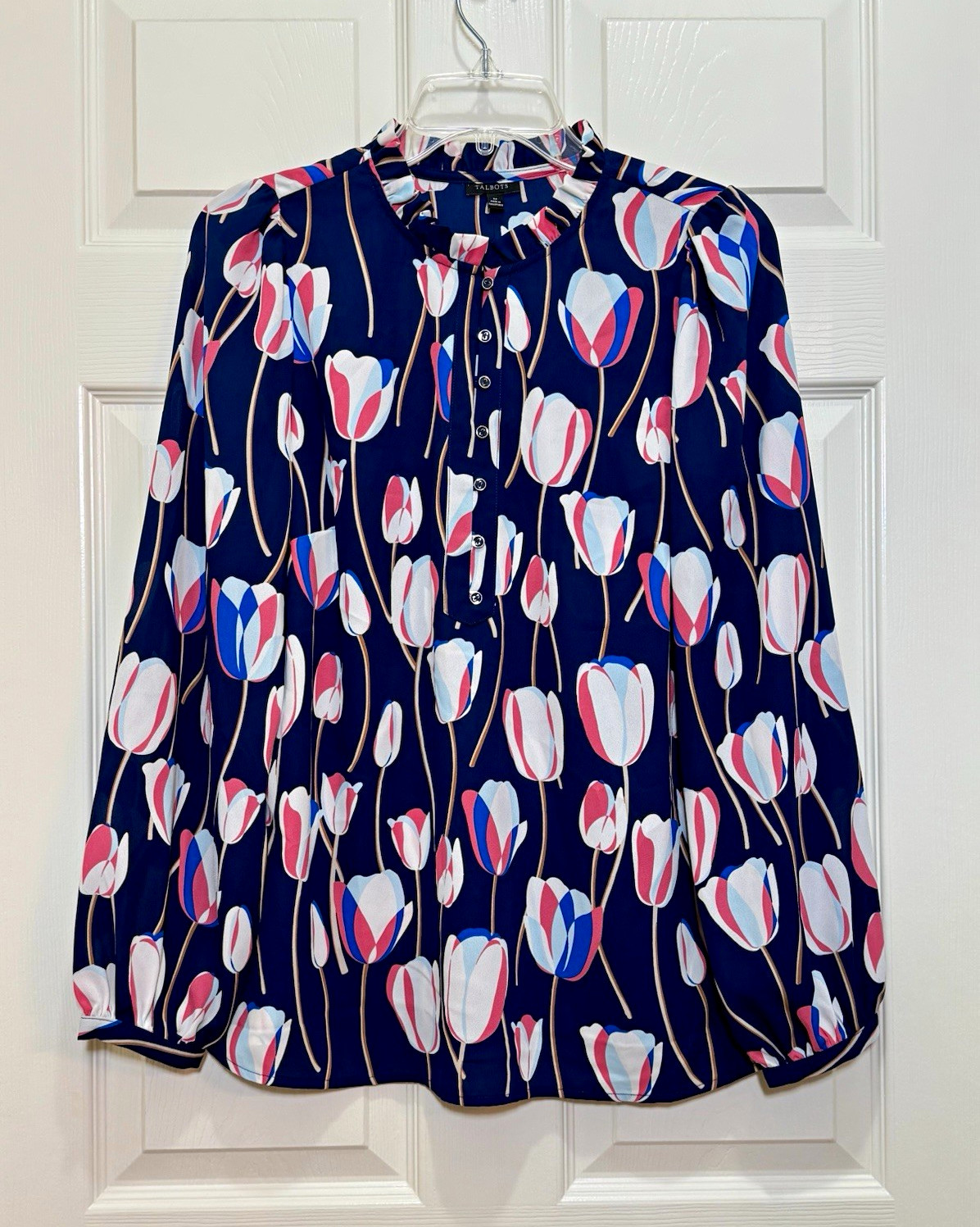 Talbots Womens M NWT Navy Tulip Floral Print Ruffle Neck Long Sleeve Blouse