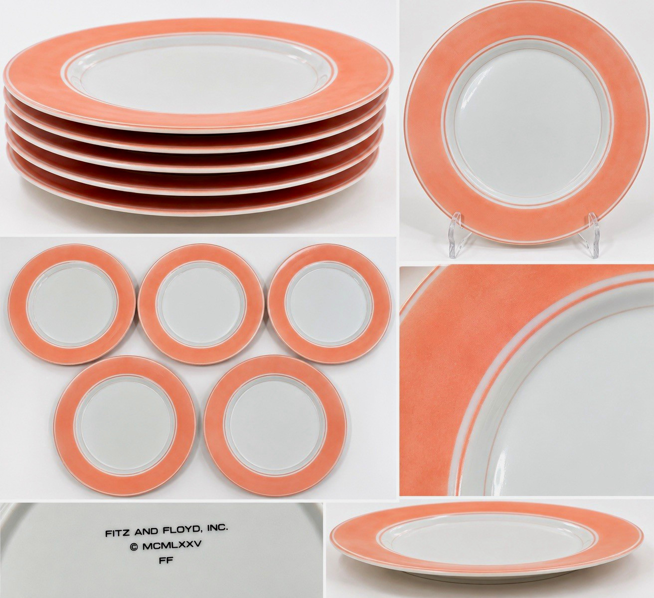 Vintage 1975 Fitz & Floyd Coral Pink White Dinner Plates Set of 5 MCM Vintage 1975 Fitz & Floyd Coral Pink White Dinner Plates Set of 5 MCM