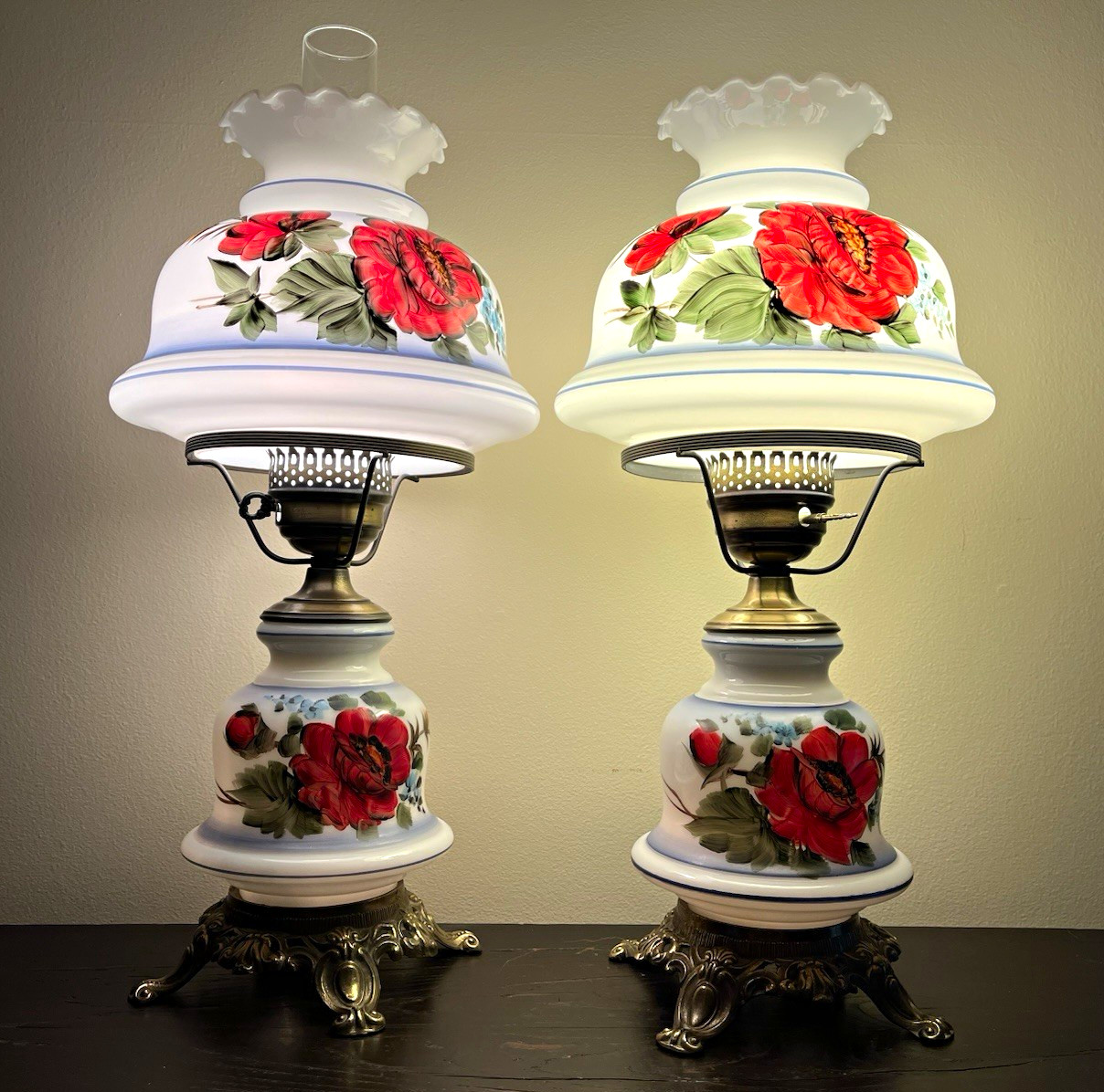 Vintage Pair of Floral Hurricane Table Lamps Vintage Pair of Floral Hurricane Table Lamps