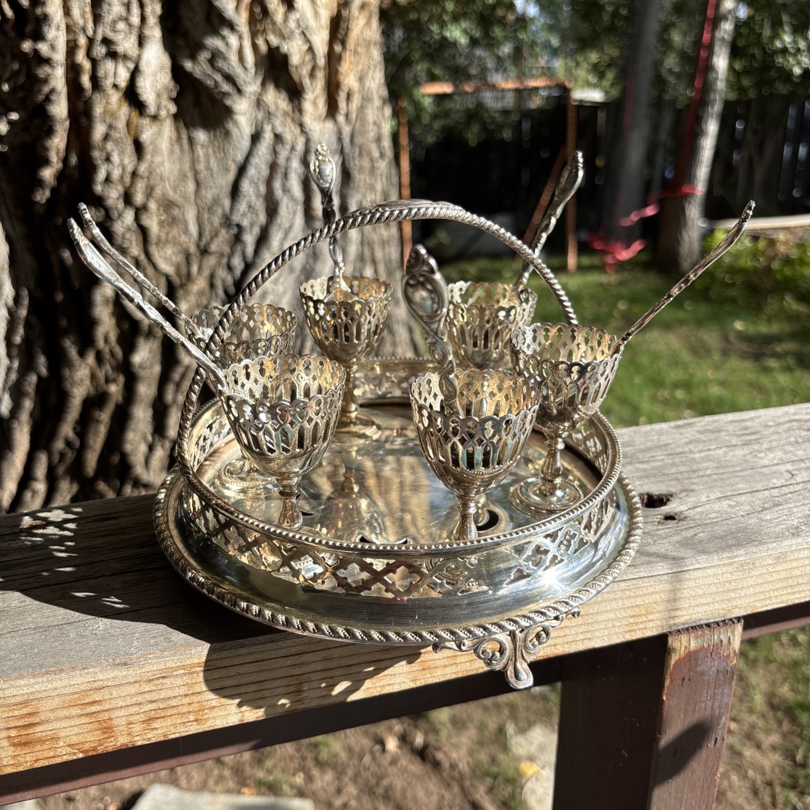 Antique Cruet with 6 Egg Cups - Edwardian style Silver Plated with Spoons Antique Cruet with 6 Egg Cups - Edwardian style Silver Plated with Spoons