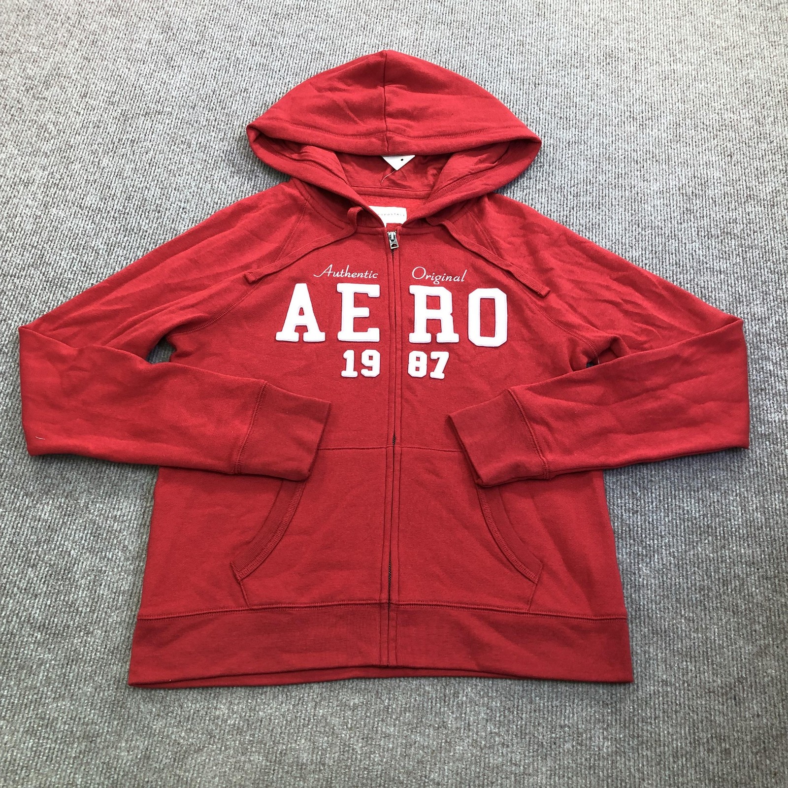 Aeropostale Hoodie Sweatshirt Mens Medium Red Full Zip Fleece AERO 1987 Graphic