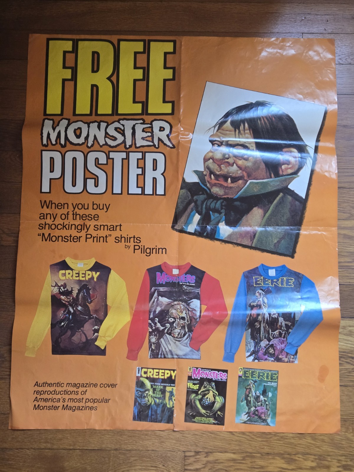 Vintage 1976 Pilgrim Monster Print Shirt Promo Poster 22 X 28 Creepy Eerie 🎃