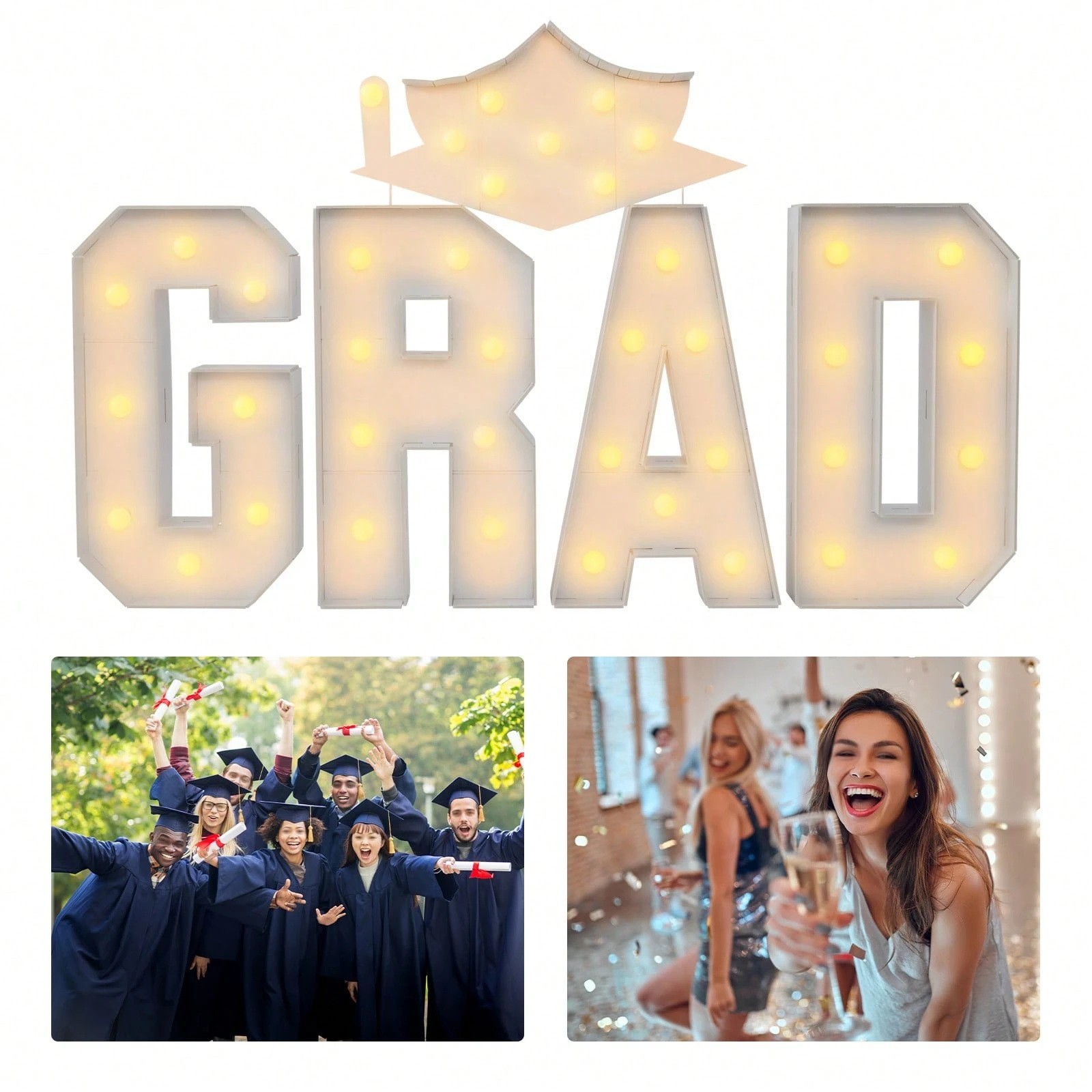 GRAD Marquee Letter Lights with Graduation Cap for Party Photo Backdrops