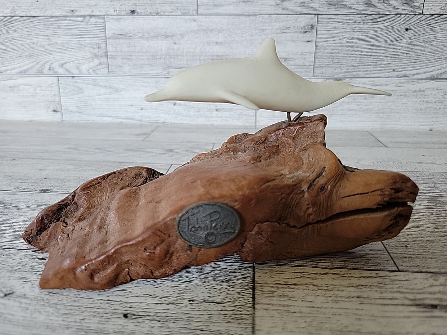 John Perry Sea Life Sculpture White Dolphin On Burl Wood Base Vintage John Perry Sea Life Sculpture White Dolphin On Burl Wood Base Vintage