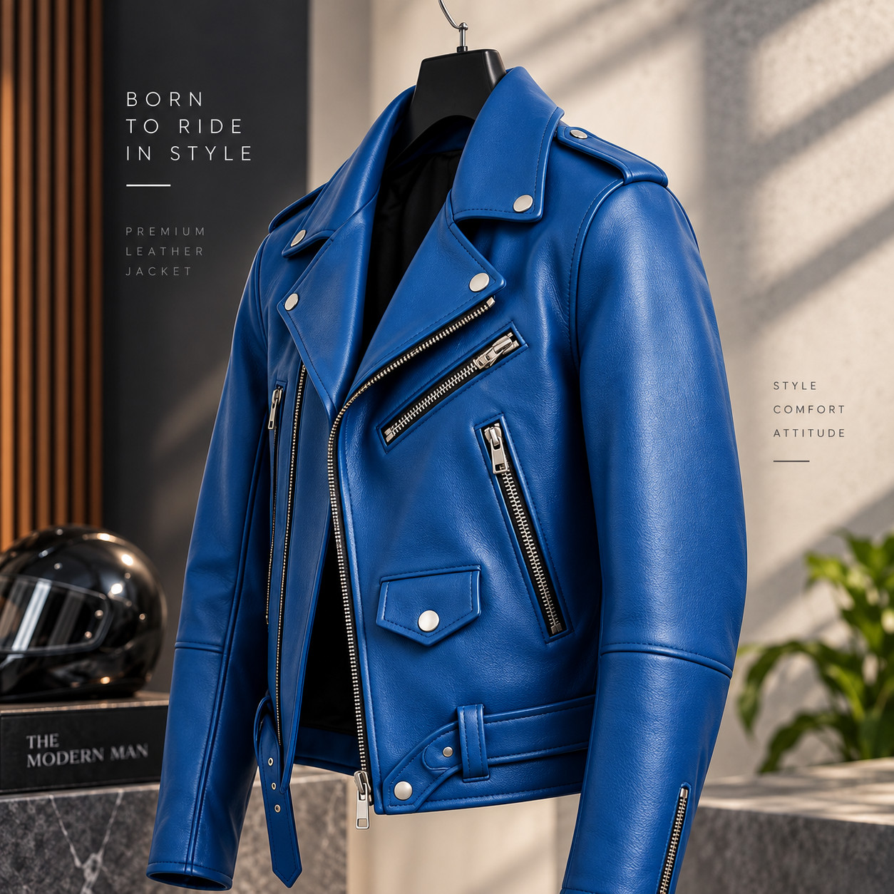 Men Genuine Leather Biker Jacket Black Blue Motorcycle Moto Rider Coat 