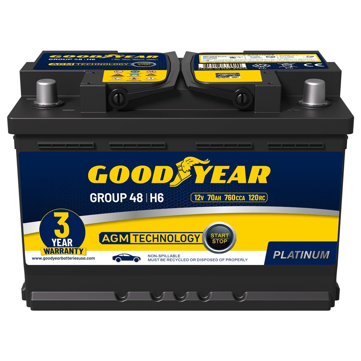 Goodyear 48-H6-AGM BCI Group Size 48 12V 70 AH, 120RC, 760 CCA Platinum series Goodyear 48-H6-AGM BCI Group Size 48 12V 70 AH, 120RC, 760 CCA Platinum series
