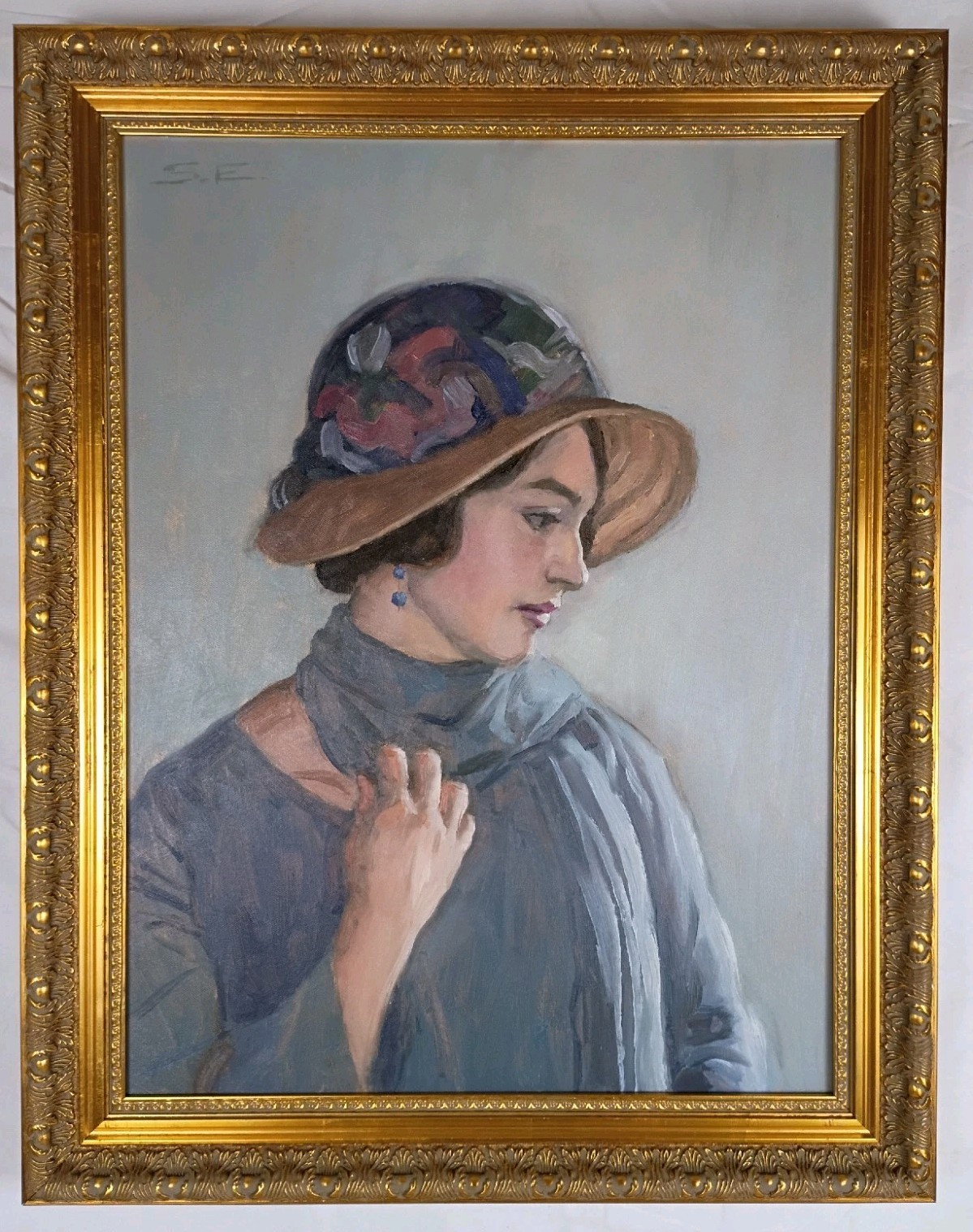 Original Oil Painting Woman Hat Scarf Impressionist Portrait Fine Art Gold Frame