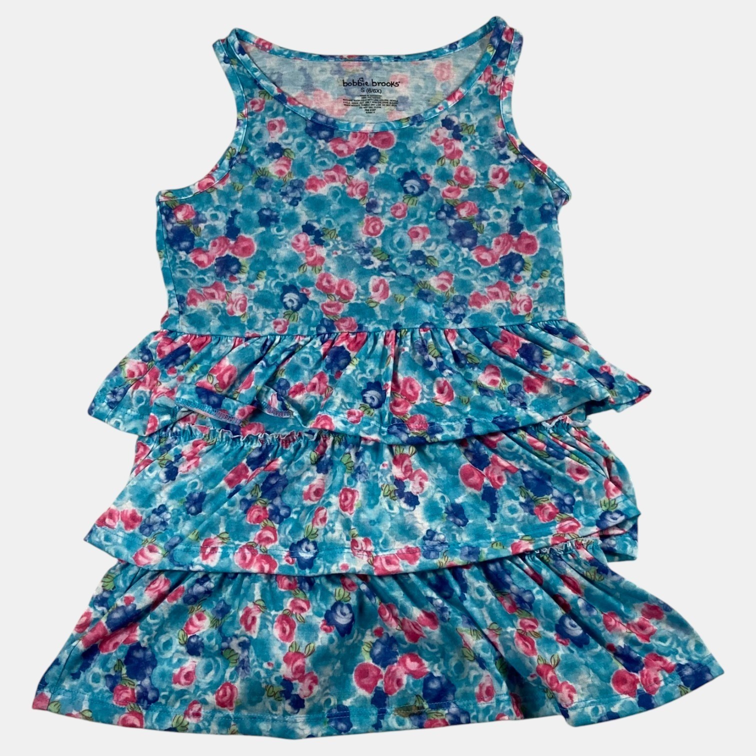 Bobbie Brooks Girls Blue Pink Floral Tiered Ruffle Sleeveless Dress Size S 6/6X