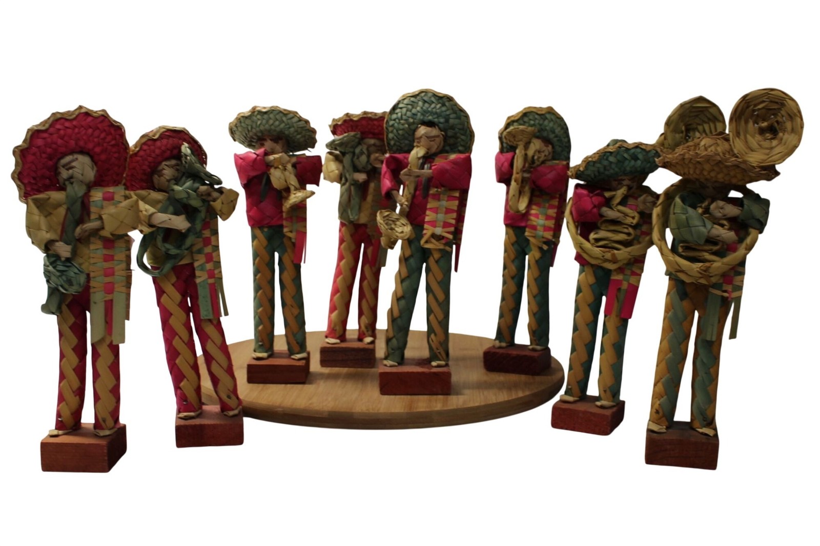 Vintage Mexican Woven Straw Mariachi Band Figurines Set of 8 Mexico Folk Art